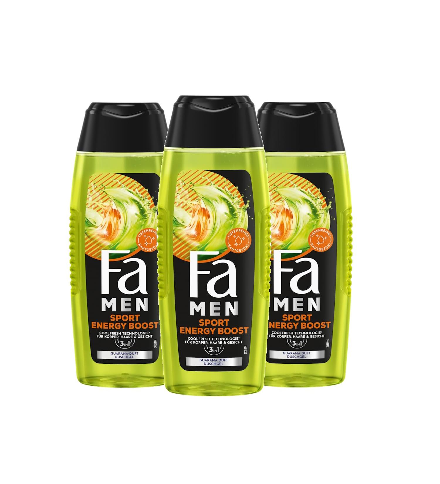 handle Fa MEN Sport Double Power Power Boost Body & Hair 3 x 250 ml 3in1 formula for body hair and face activate your body mind and senses with the refreshing scent of Guarana & ginseng - Buy Online on GoSupps.com