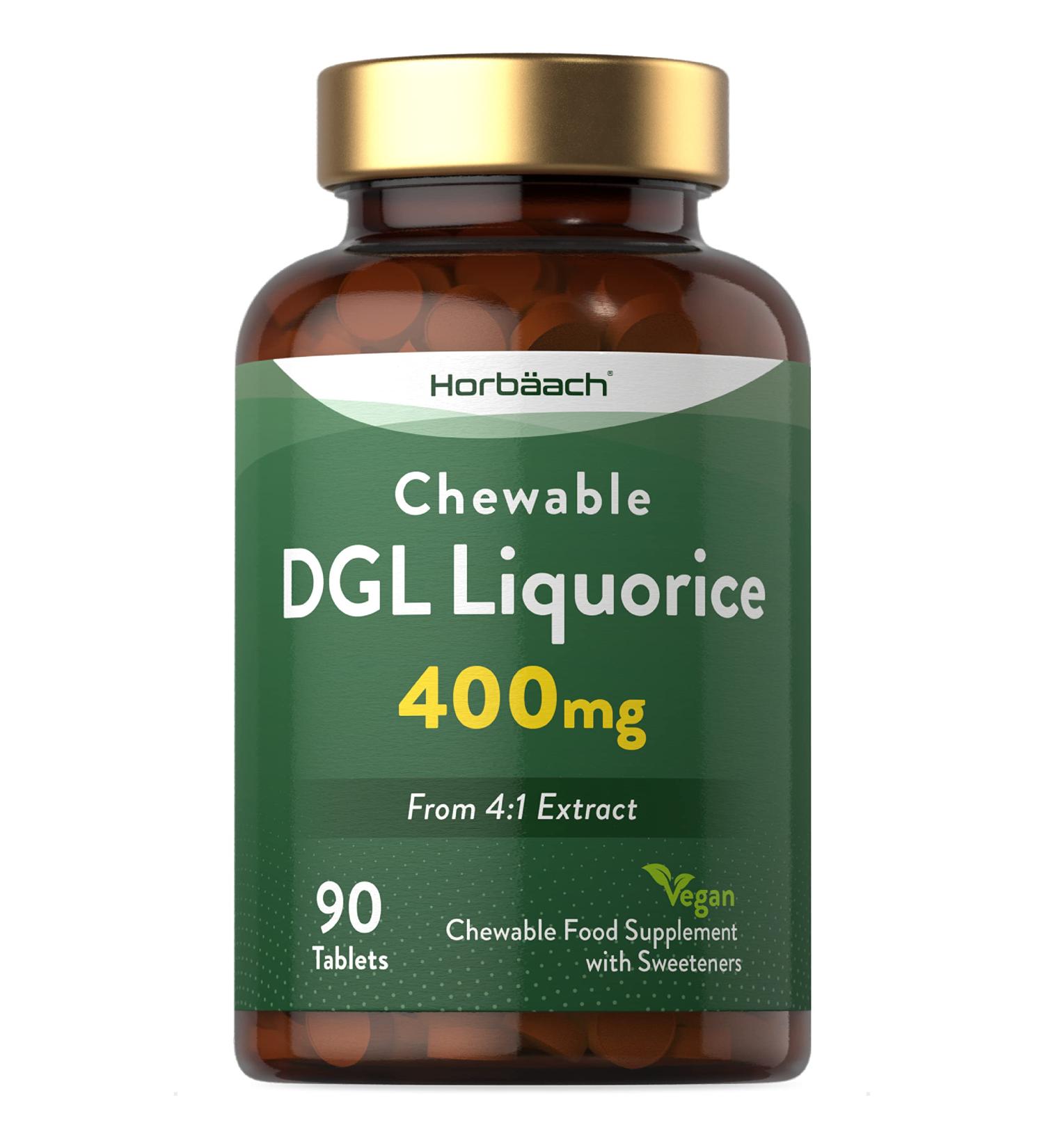 DGL Licorice Root Tablets 400mg | Chewable Tablets | High Strength Liquorice Root Extract | 90 Count | Suitable for Vegetarians & Vegans | by Horbaach - Buy Online on GoSupps.com
