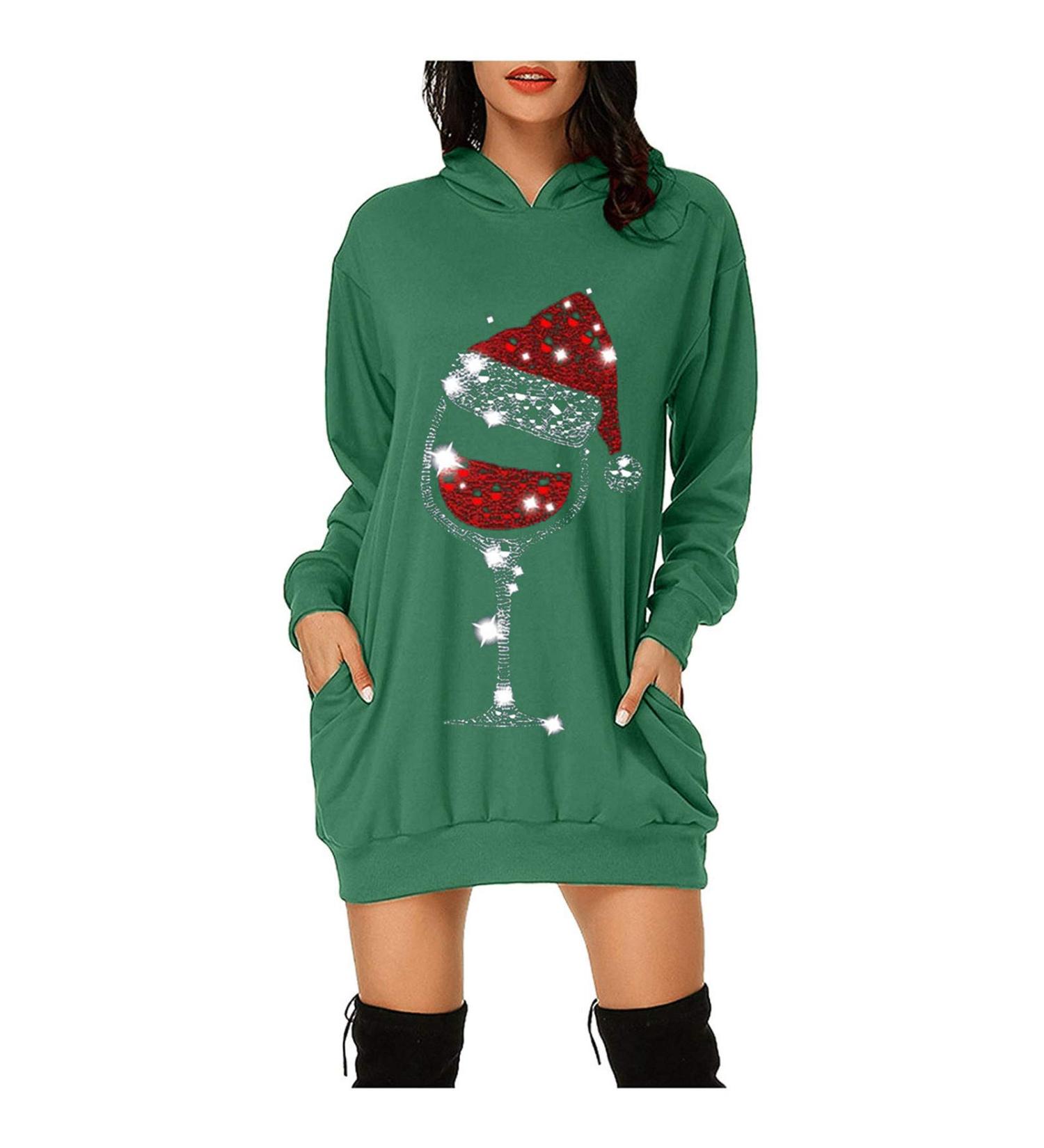Festive Women's Christmas Elk Hoodie Dress - Oversized Long Sleeve Sweater Costume for Autumn & Winter - Buy Online on GoSupps.com