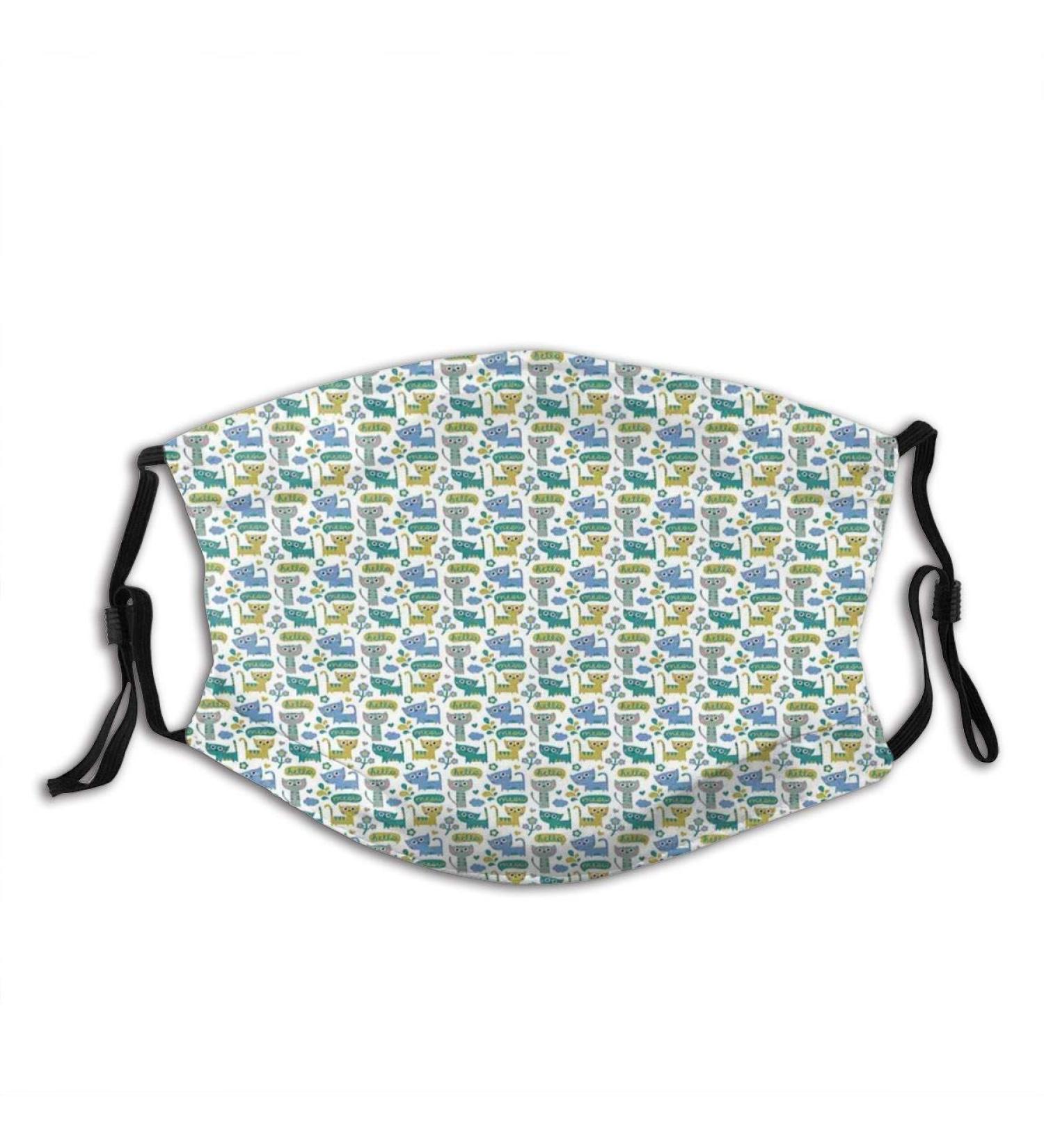 Cartoon Kittens Saying Hello and Meow in Speech Bubbles with Flowers Hearts and Clouds Cotton Washable Nose Wired Face Cover Filter Pocket Wide Cover with Filter - Buy Online on GoSupps.com