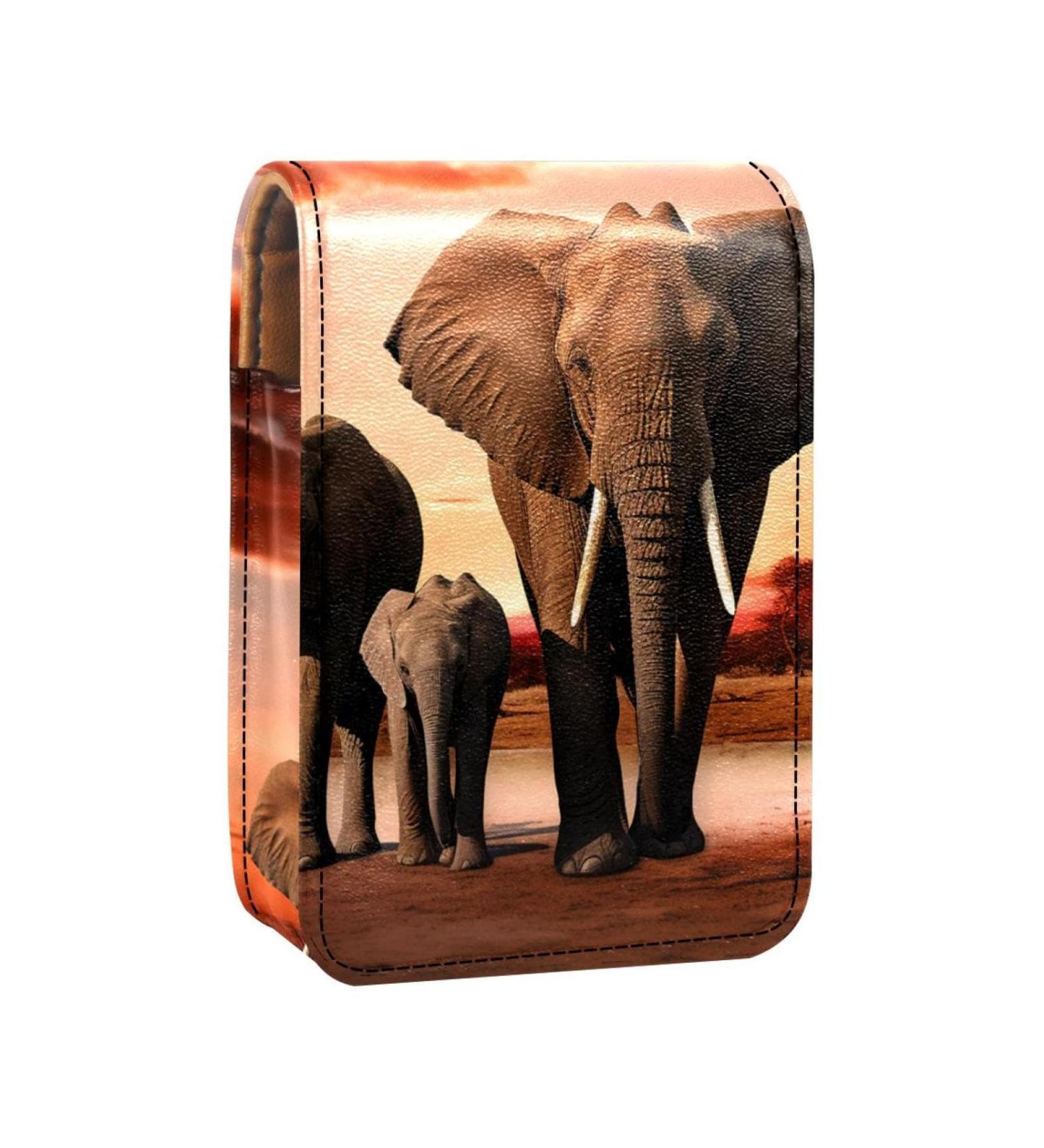 Stylish Leather Lipstick Case Organizer with Mirror - Mini Lip Gloss Holder - African Grassland Elephant Design - Buy Online on GoSupps.com