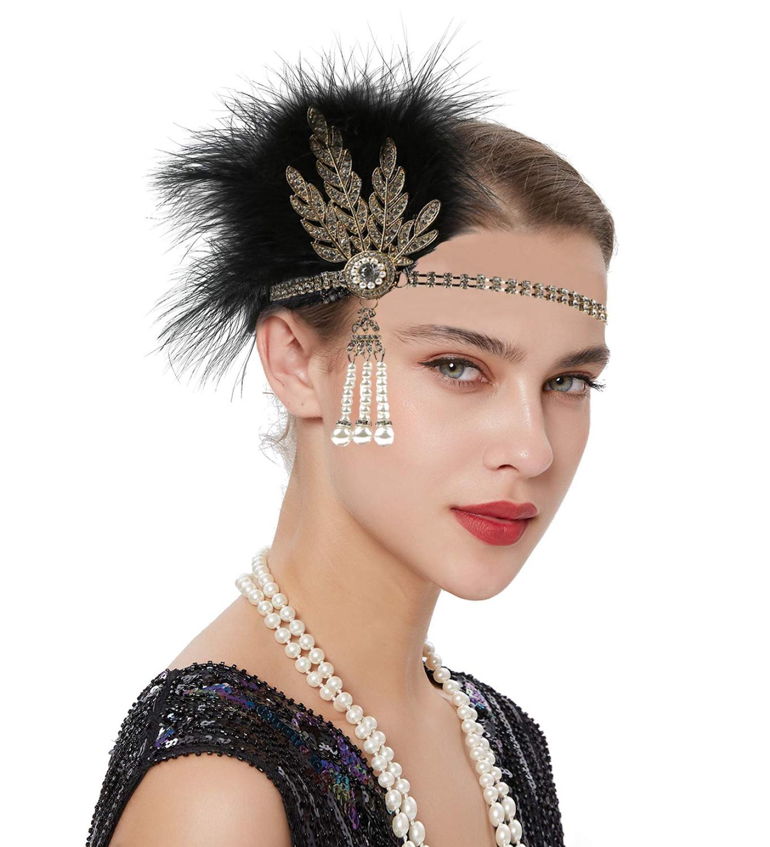 Z&X 1920s Feather Headband Gatsby Party Headpieces for Women Rhinestone 20s Roaring Hair Accessories Black Gold #010 Black Gold - Buy Online on GoSupps.com