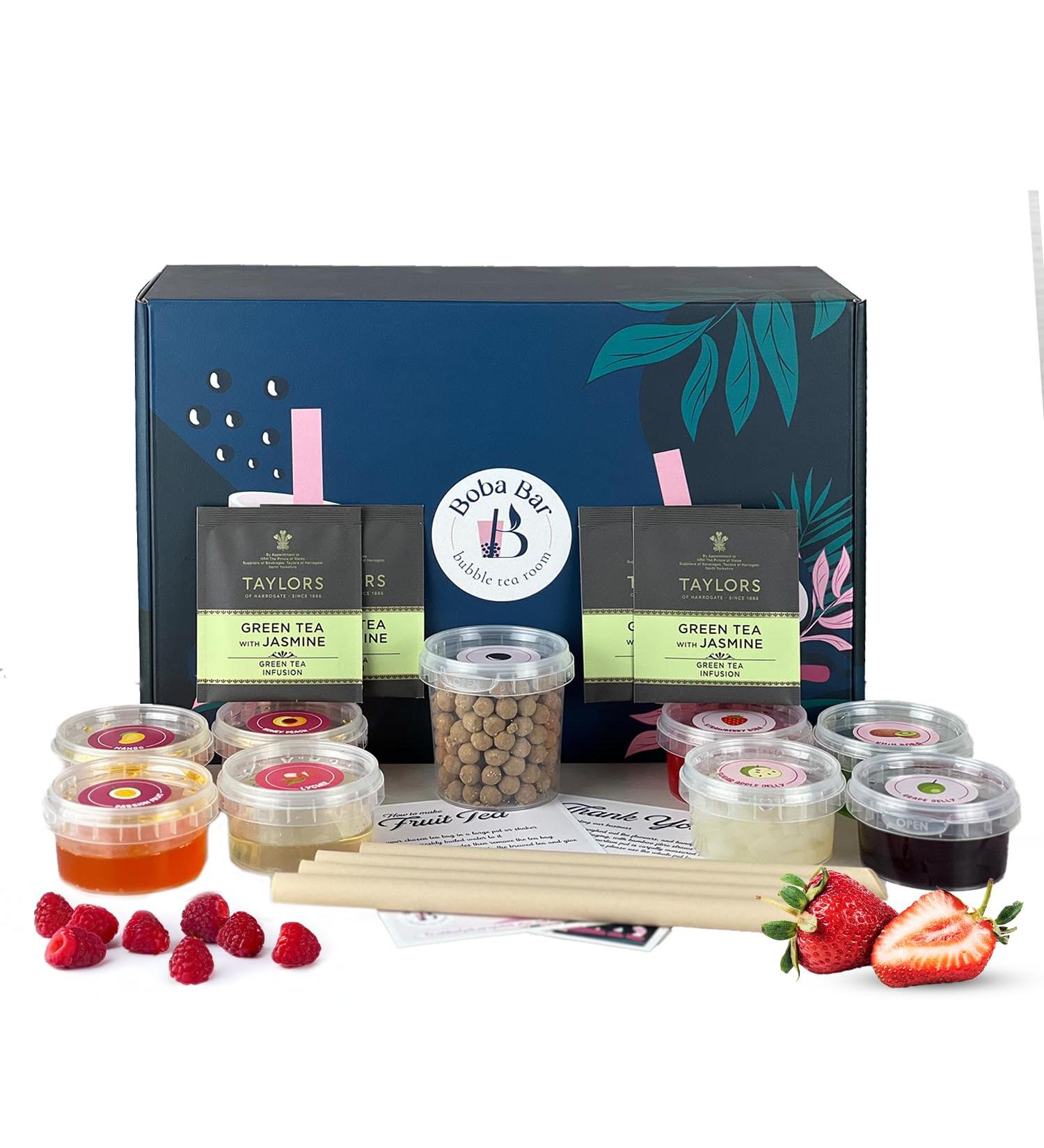 Boba Bar London |Exotic Escapades Fruit Bubble Tea Kit | 4 Fruit Tea Flavours | 4 Boba & Jelly Toppings | Tapioca Pearls | 4 Bamboo Straws | 4 Tea Bags | 2 Recipe Cards Boba Bar London |Exotic Escapades Fruit Bubble Tea Kit | 4 Fruit Tea Flavours | 4 Boba - Buy Online on GoSupps.com