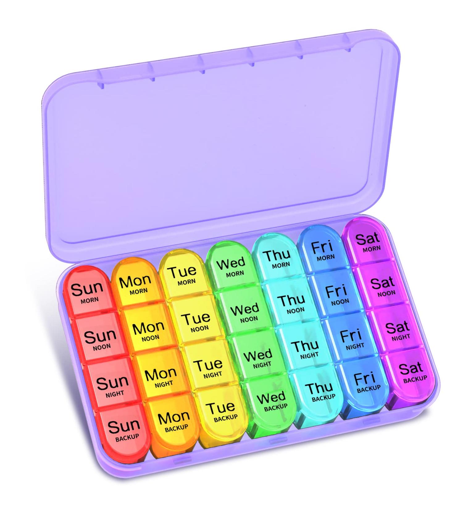 Betife Weekly Pill Box Organizer - 7 Day Daily Pill Dispenser with 4 Compartments for Medication, Vitamins, and Supplements (Purple) - Buy Online on GoSupps.com