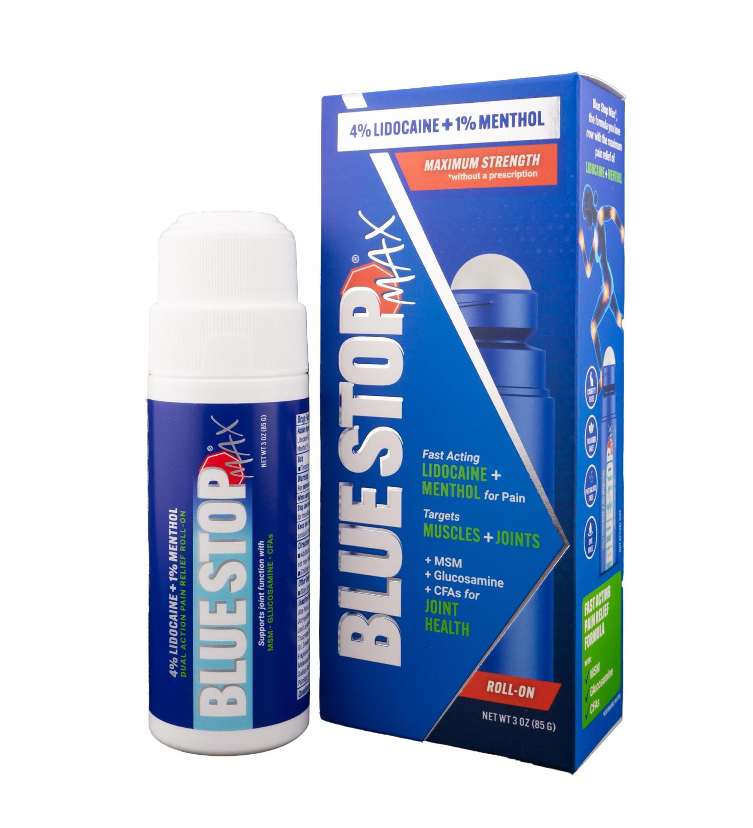 Blue Stop Max Lidocaine Roll On 4% Lidocaine & 1% Menthol for Maximum Pain Relief | Joint Health MSM & Glucosamine Formula - Buy Online on GoSupps.com