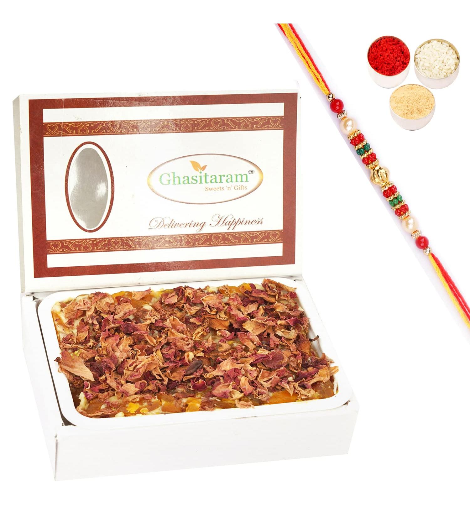 Ghasitaram Gifts Rakhi Gifts for Brothers Rakhi Sweets - Mango Chocolate Rose Petal Mithai Cake with Pearl Beads Rakhi Mango Chocolate Rose Petal Mithai Cake with Rakhi - Buy Online on GoSupps.com