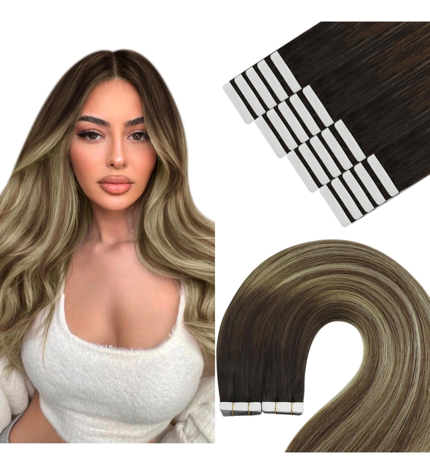 Youngsee Tape Extensions - Real Hair Balayage 35cm Dark Brown Ombre & Blond Remy Smooth Tape In Extensions for Women - 50g #4/6/25 & #4/6/22 - Buy Online on GoSupps.com