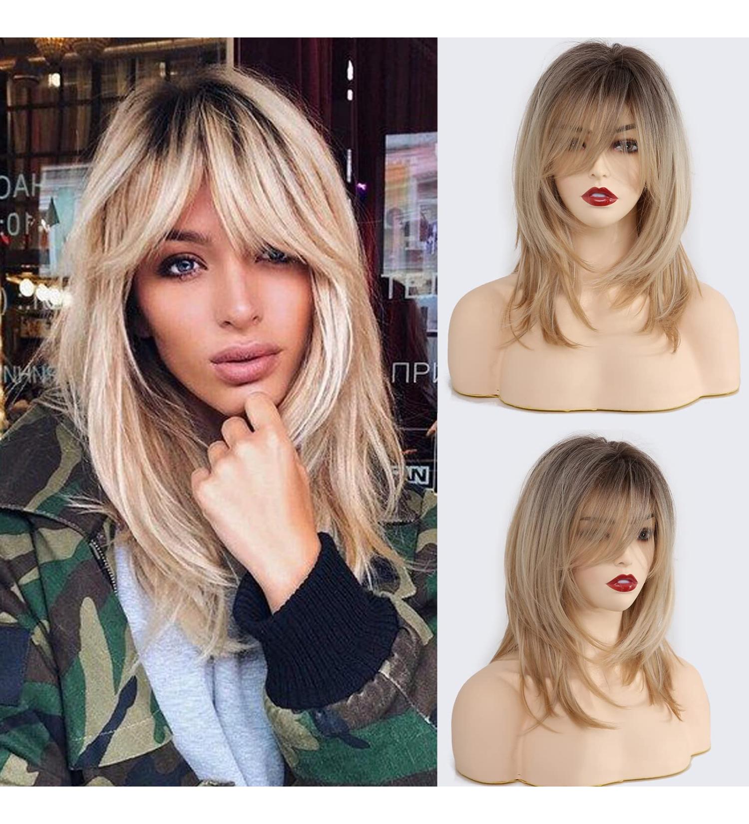 HAIRCUBE 18 Inch Blonde Ombre Wigs for Women - Shoulder Length Layered Curly Wigs with Bangs - Buy Online on GoSupps.com