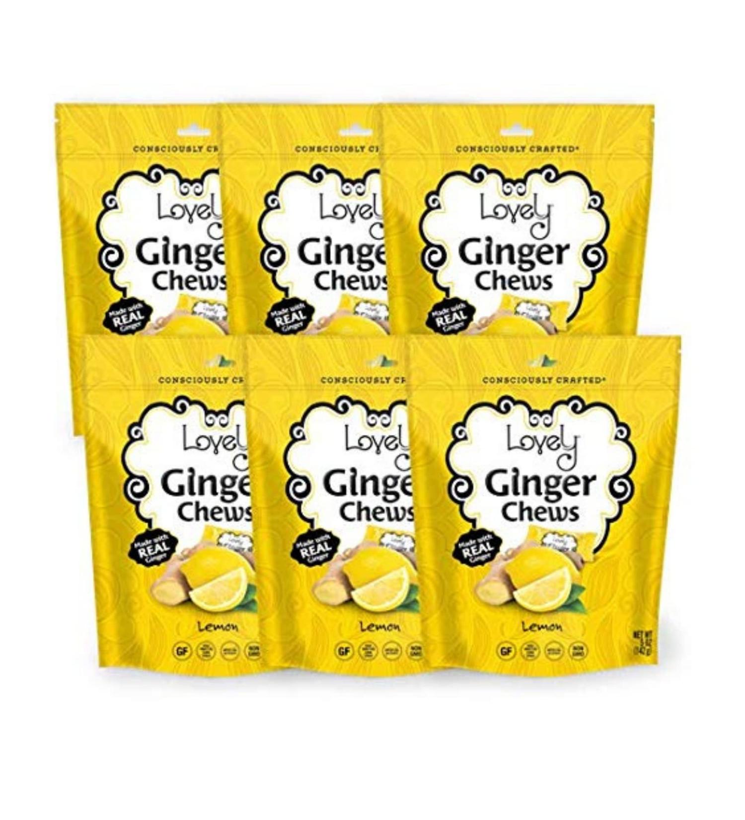 VEGAN Lemon Ginger Chews - 5oz Bag (Pack of 6) | Gluten Free, Non-GMO, Made with REAL Indonesian Ginger - Lovely Candy Co - Buy Online on GoSupps.com