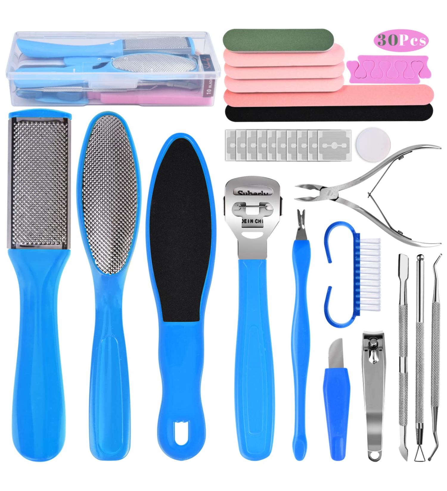 30-in-1 Foot File Pedicure Set for Hard Skin Removal - Feet Scrubber Kit for Men and Women - Salon Quality Foot Care Tool (Blue) - Buy Online on GoSupps.com
