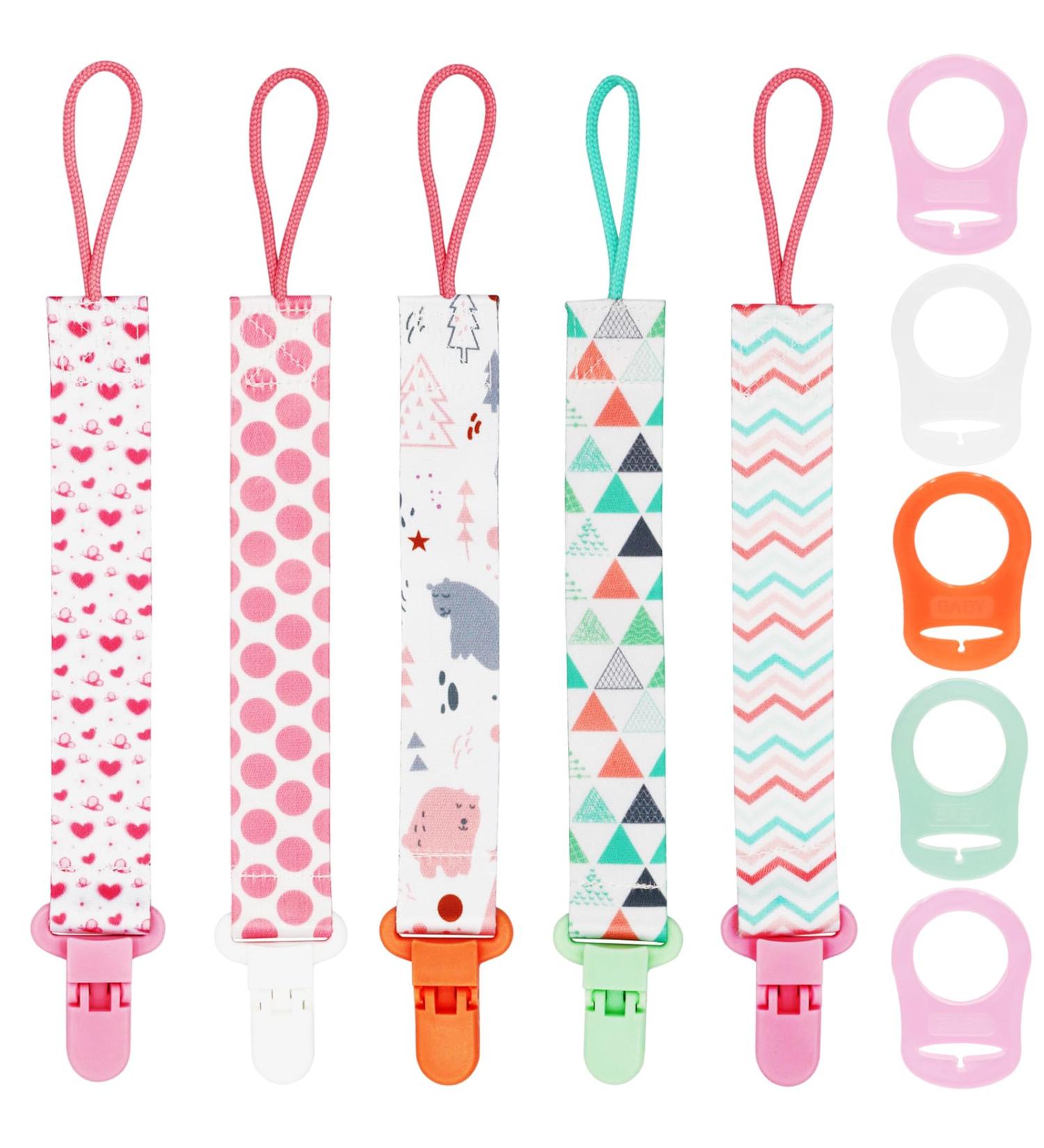 Fenfang Baby Pacifier Chain Set - 5 Fabric Bands & Silicone Rings - Pink Pacifier Clips for Girls - Buy Online on GoSupps.com
