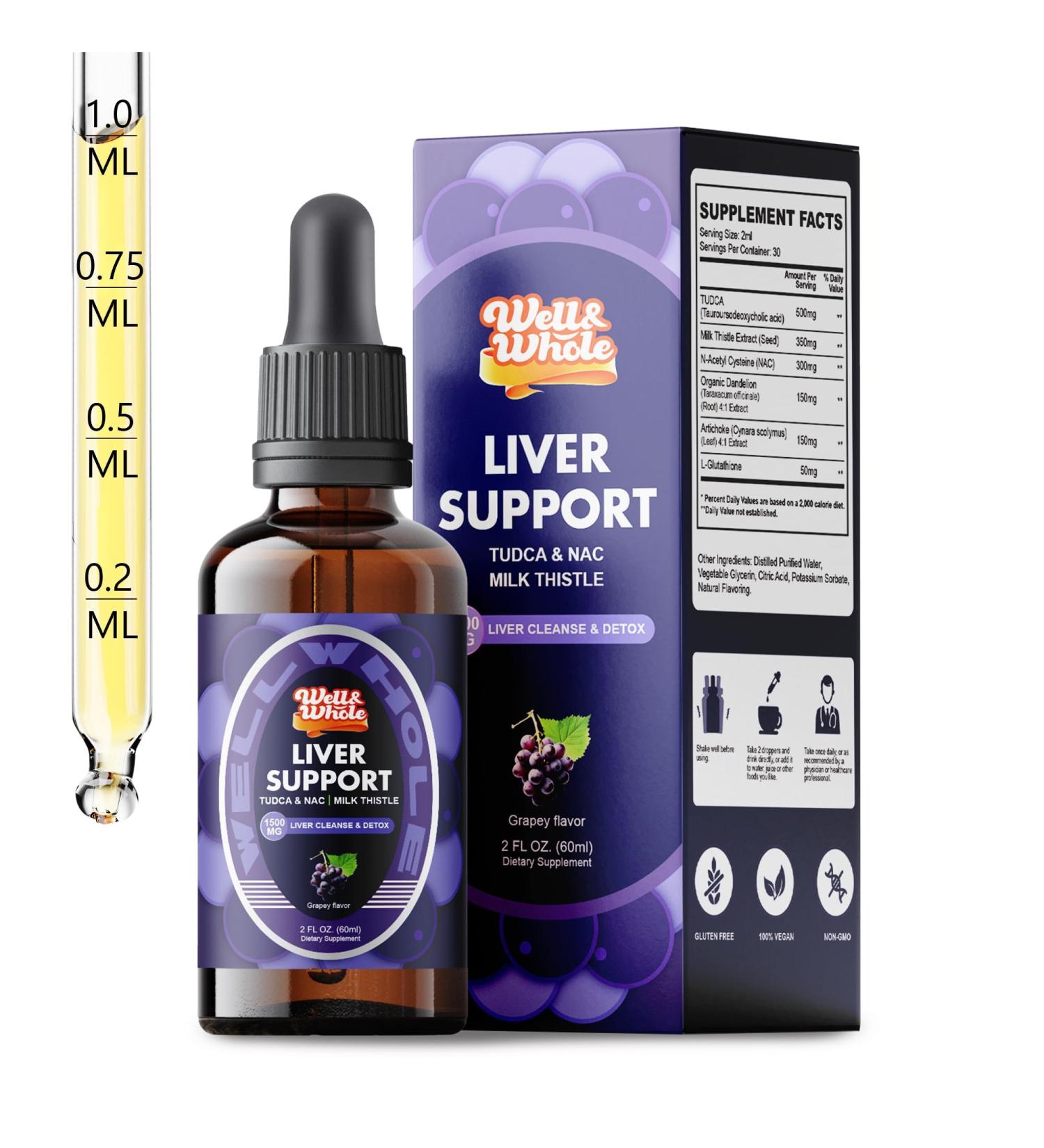 Liver Support Liquid Drops Supplement | TUDCA Drops Liver Cleanse & Detox with Milk Thistle, NAC, Dandelion, Artichoke & Glutathione for Detox, Bile Flow, and Digestive Health | Vegan & Non-GMO | 60ML - Buy Online on GoSupps.com