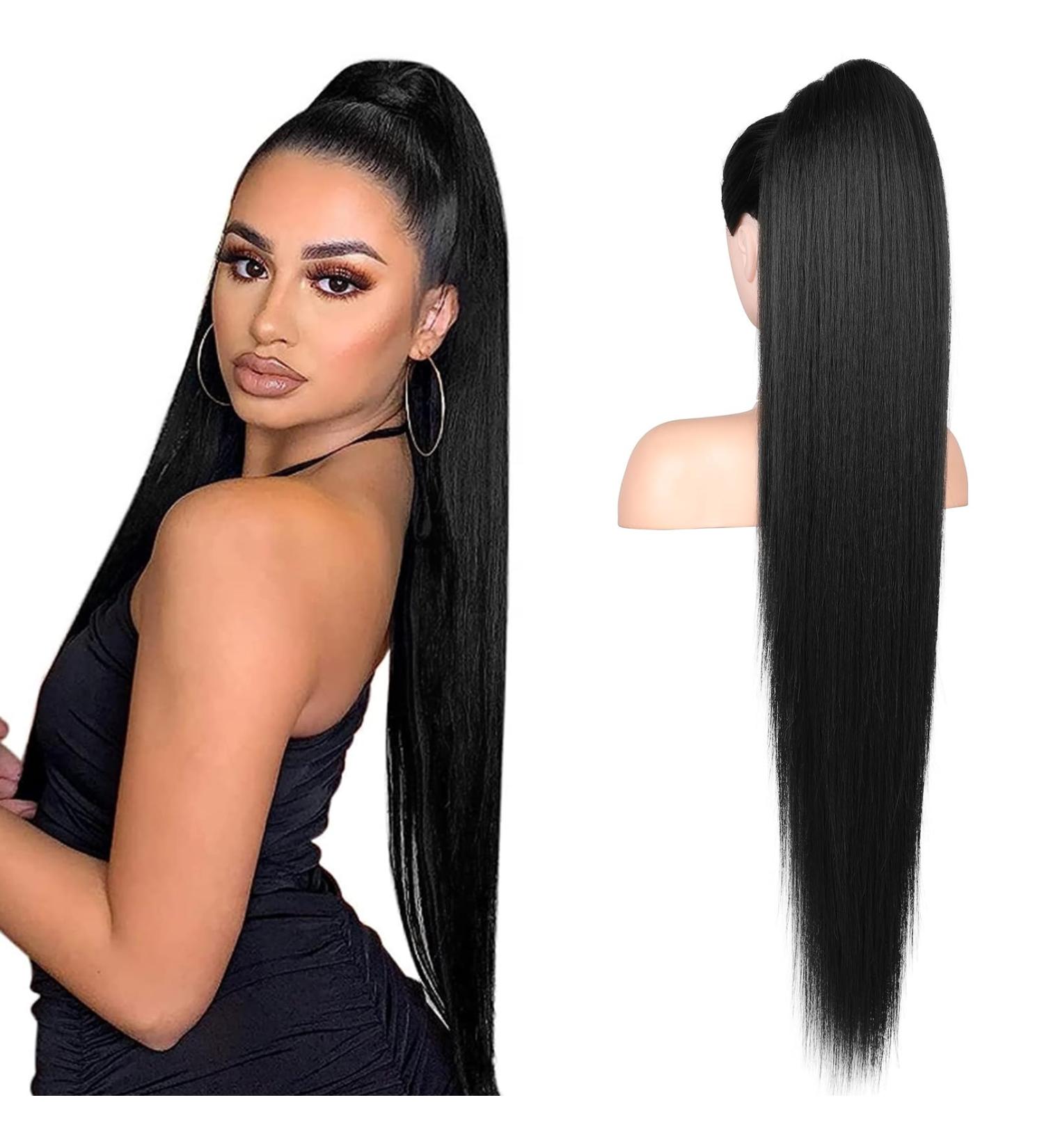 FLUFYMOOZ ponytail extension 36 Inch Long Straight Drawstring Ponytail Synthetic Hairpieces Fake Pony Tails Natural Soft Clip in Hair Extension ponytail for Women (Jet Black) 36 Inch Jet Black - Buy Online on GoSupps.com