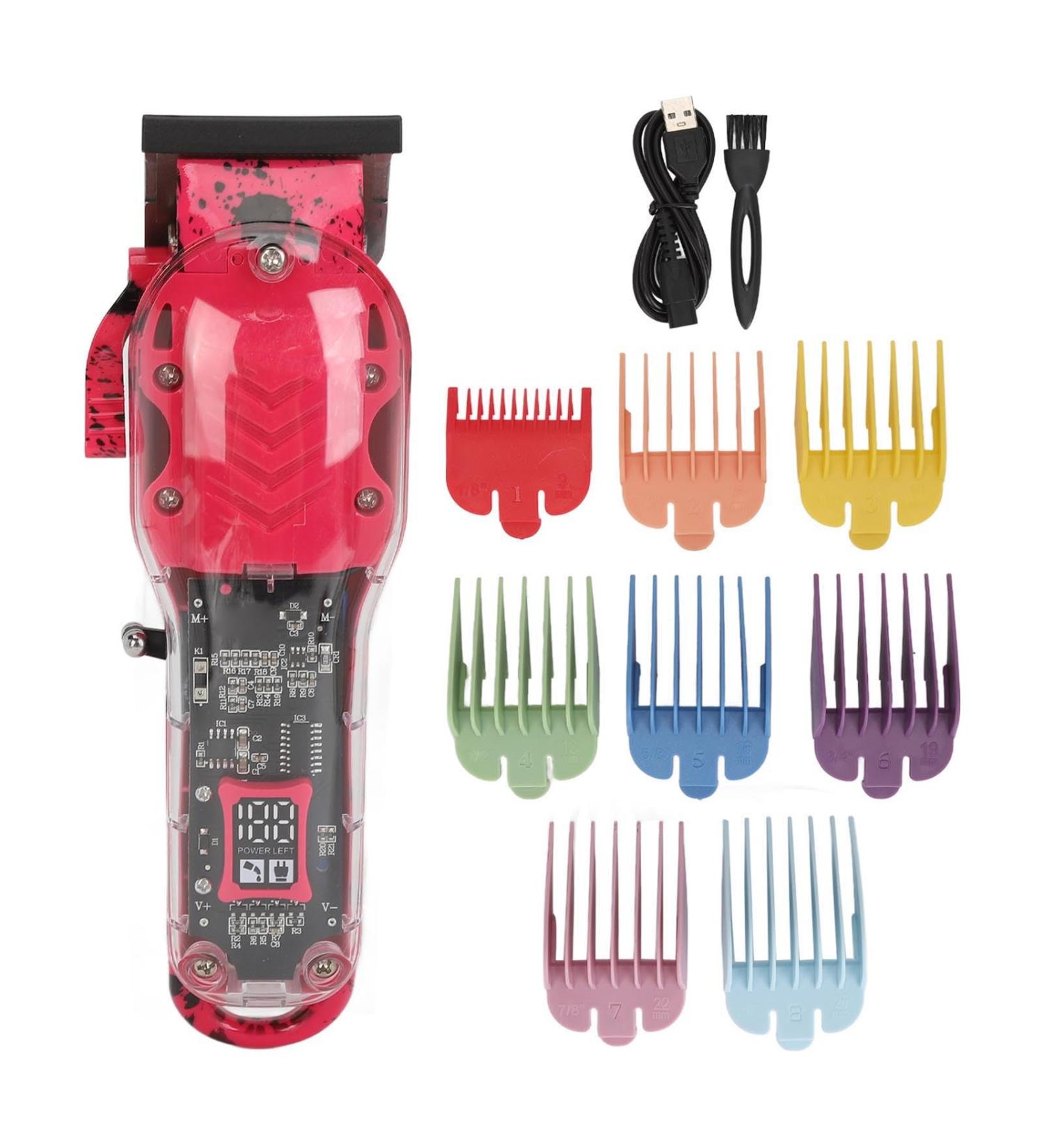 Electric Hair Trimmer Rechargeable Barber Clipper with Colorful Guided Combs LED Display Transparent Hair Cutting Tools for Home Salon (Red) - Buy Online on GoSupps.com