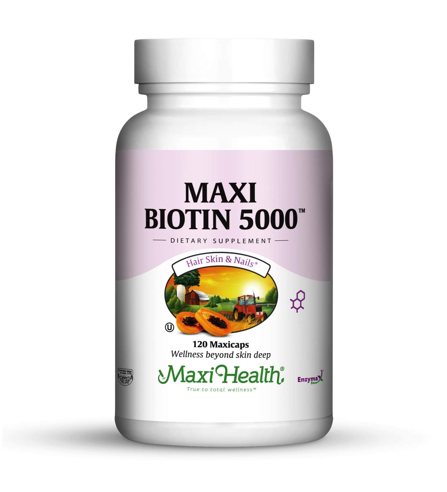 Maxi Health Biotin 5000 mcg Hair Skin and Nails Vitamins for Women & Men High Potency Vitamin B7 Supplement for Hair Growth Strong Nails & Healthy Skin Kosher Doctor Formulated 120 Capsules
