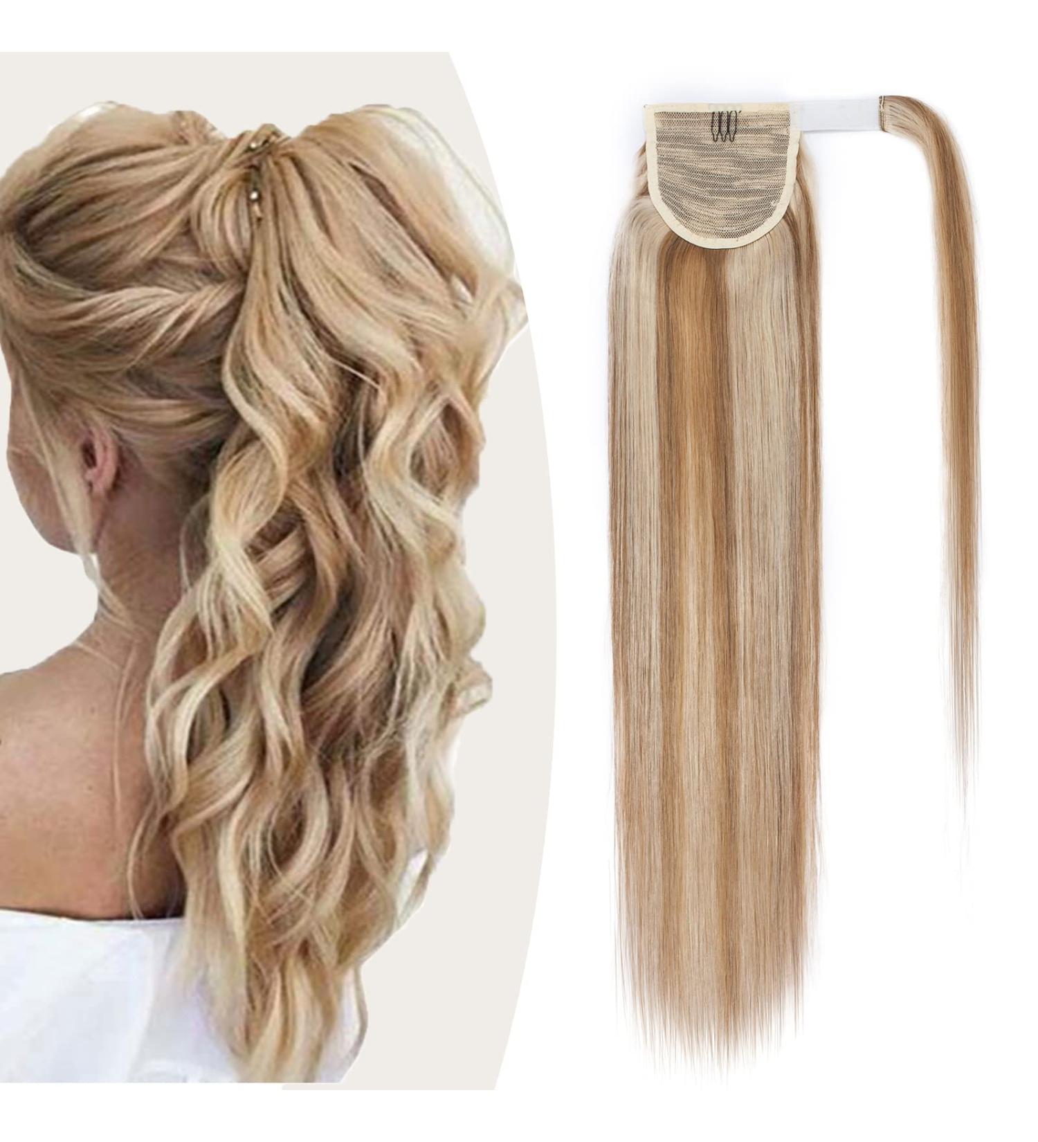 Rich Choices Real Hair Clip-in Ponytail Extension - Bright Gold-Brown/Bleached Blond #12/613 | 22 (55cm) 95g - Ideal for Effortless Styles - Buy Online on GoSupps.com