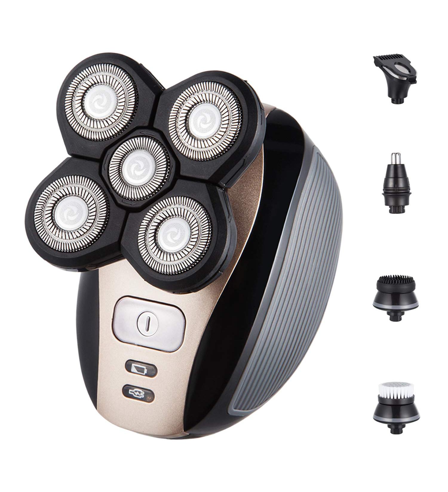 5-in-1 Electric Grooming Kit for Men Wet/Dry Shaver Bald Hair Trimmer Beard & Nose Trimmer Facial Cleansing Brush Waterproof USB Rechargeable Gold Finish - Buy Online on GoSupps.com