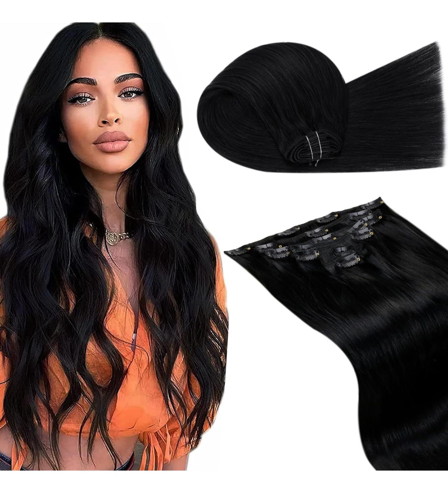 Laavoo Black Clip-In Hair Extensions - Real Hair Weft 55cm 105g 7 Pieces - Premium Quality Clip-In Extensions #1 - Buy Online on GoSupps.com