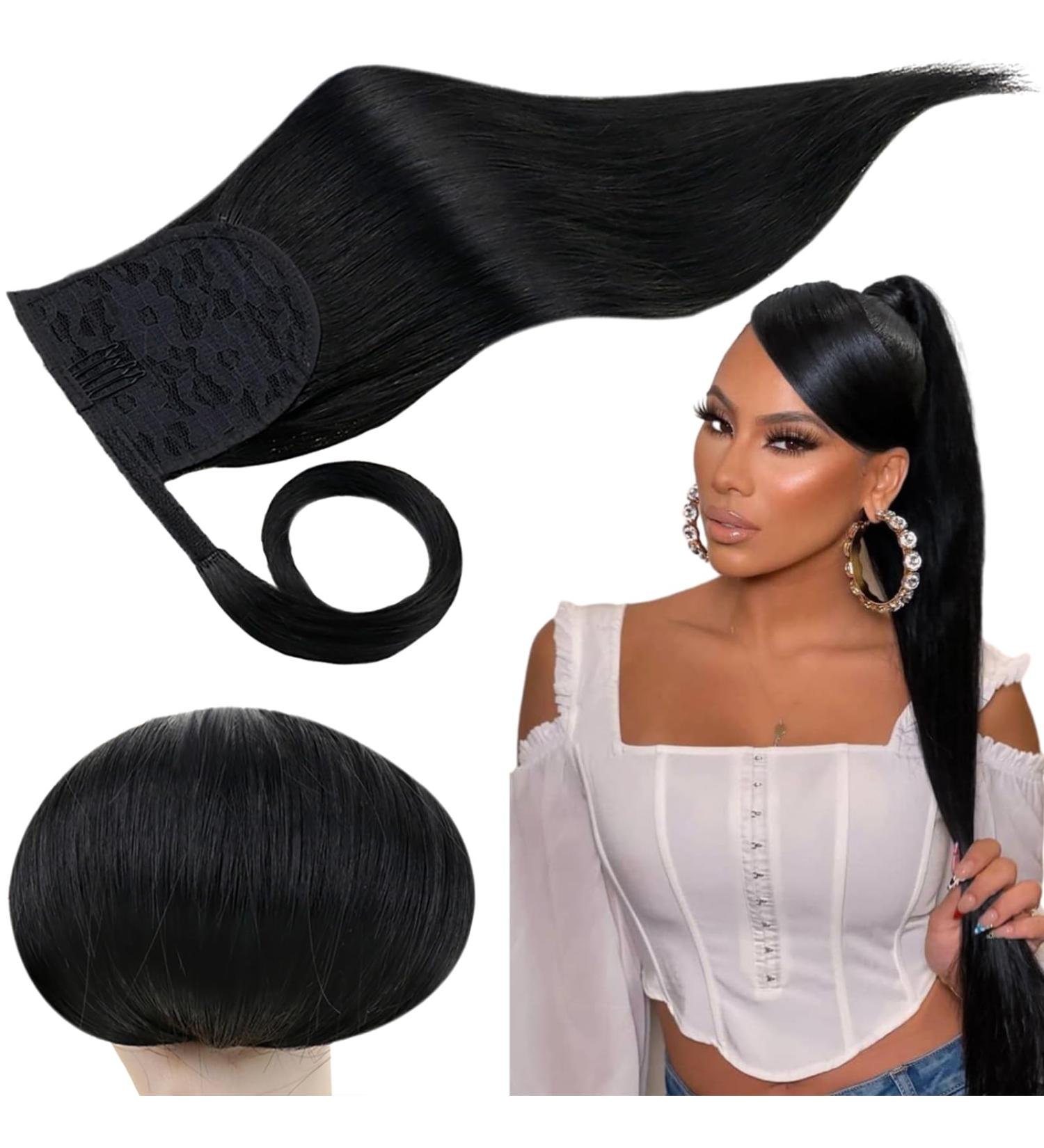 Runatur 50cm Real Hair Braid Extensions - Pitch Black Invisible Clip-In Ponytail | #1 Black Human Hair 80g/Pack - Buy Online on GoSupps.com