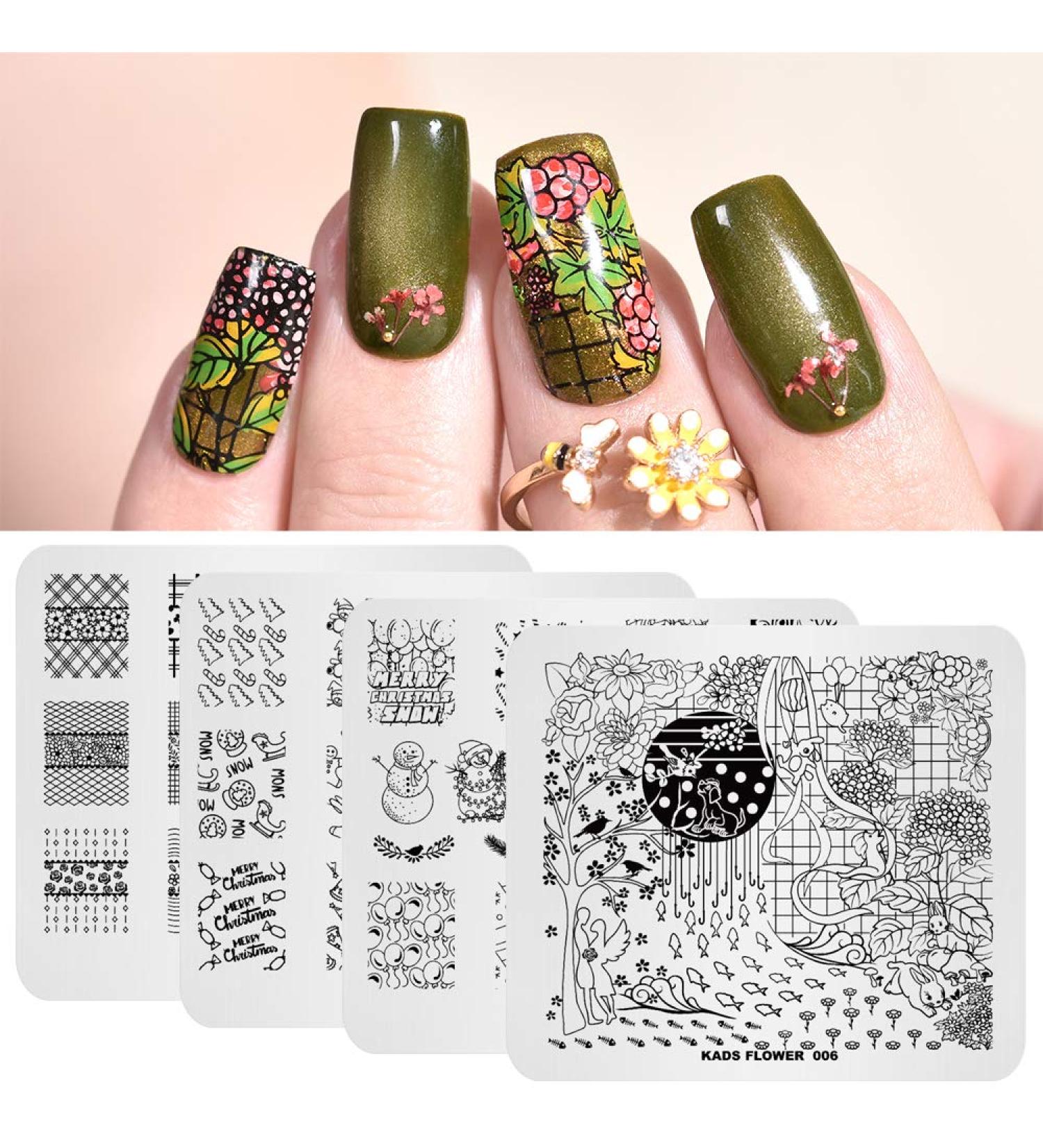 4PCS Nail Art Stamping Plates Set - Christmas Flower Grid Design Stencils with Polish Stamper | Multi-Pattern Nail Art Templates for DIY Manicure - Buy Online on GoSupps.com