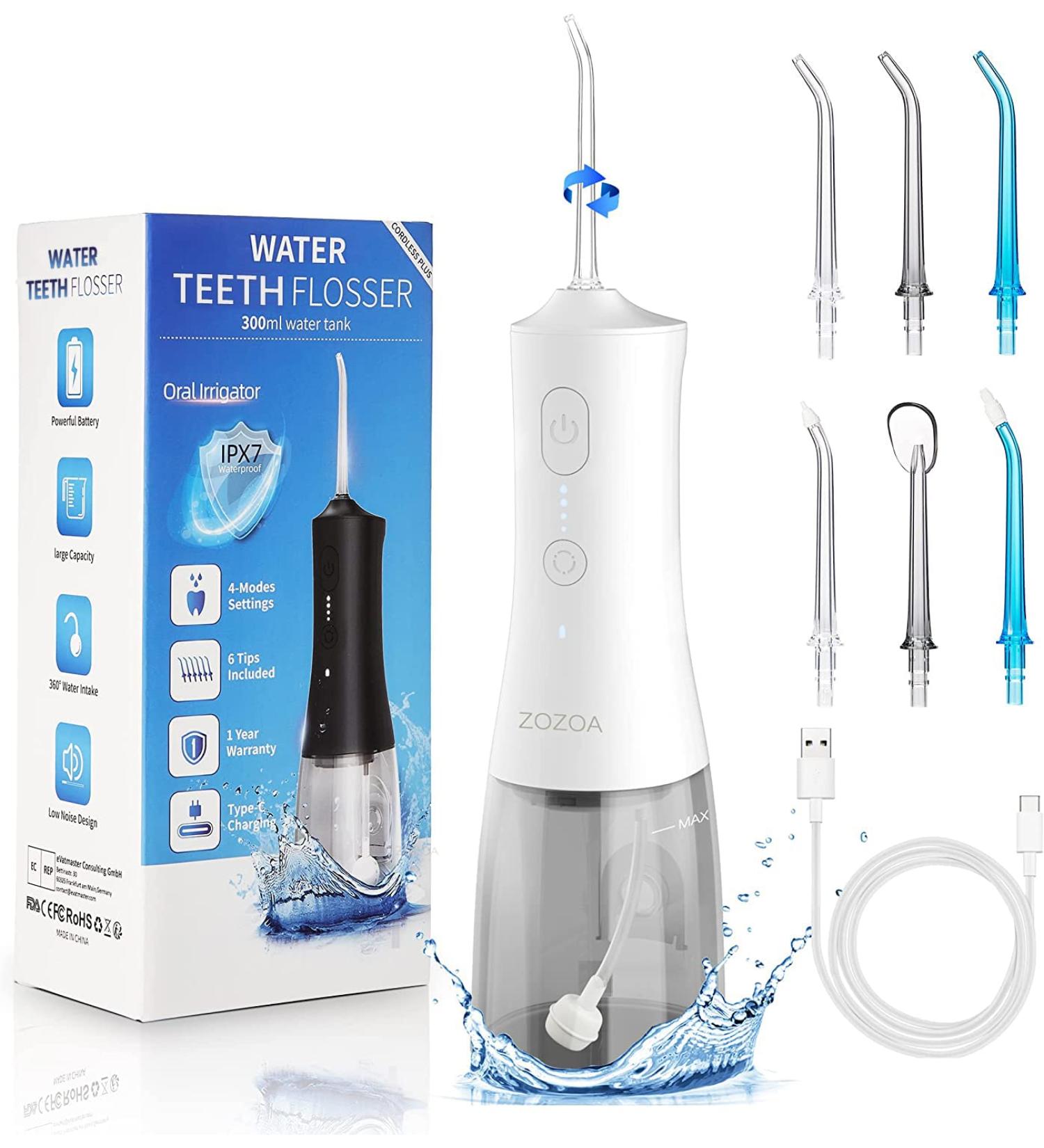 ZOZOA Cordless Water Dental Flosser - 4 Mode Oral Irrigator with 6 Replacement Jet Tips - Buy Online on GoSupps.com