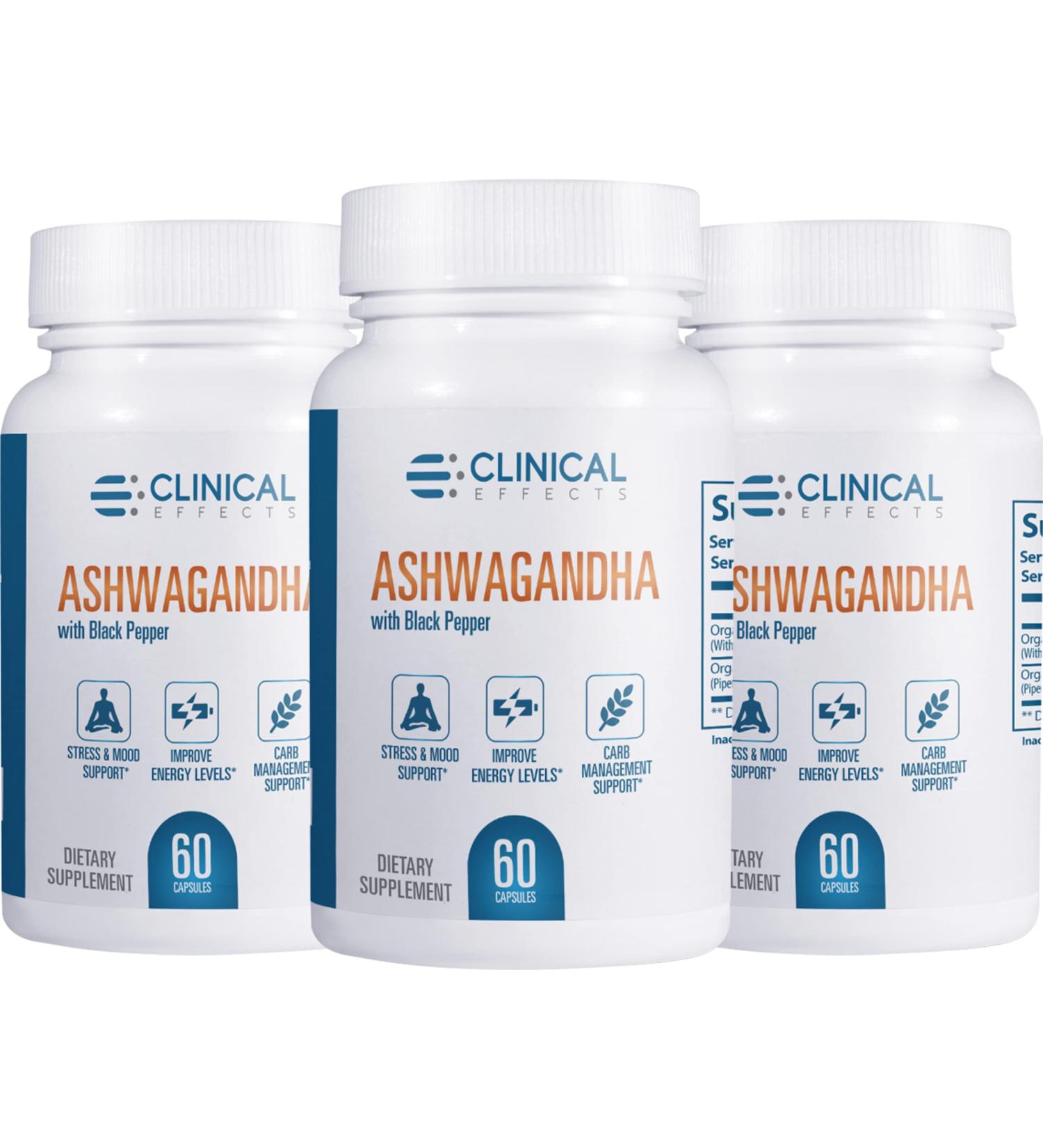 Clinical Effects Ashwagandha with Black Pepper for Stamina and Calm - 3 Pack, 180 Ashwagandha Capsules - Made in The USA - Buy Online on GoSupps.com