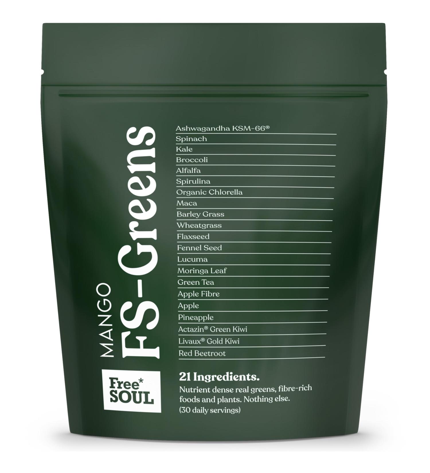 Free Soul FS-Greens: 21 Advanced Greens Superfoods with KSM-66 Ashwagandha | Vegan & Gluten-Free | UK Made | Mango Flavor | 30 Servings - Buy Online on GoSupps.com