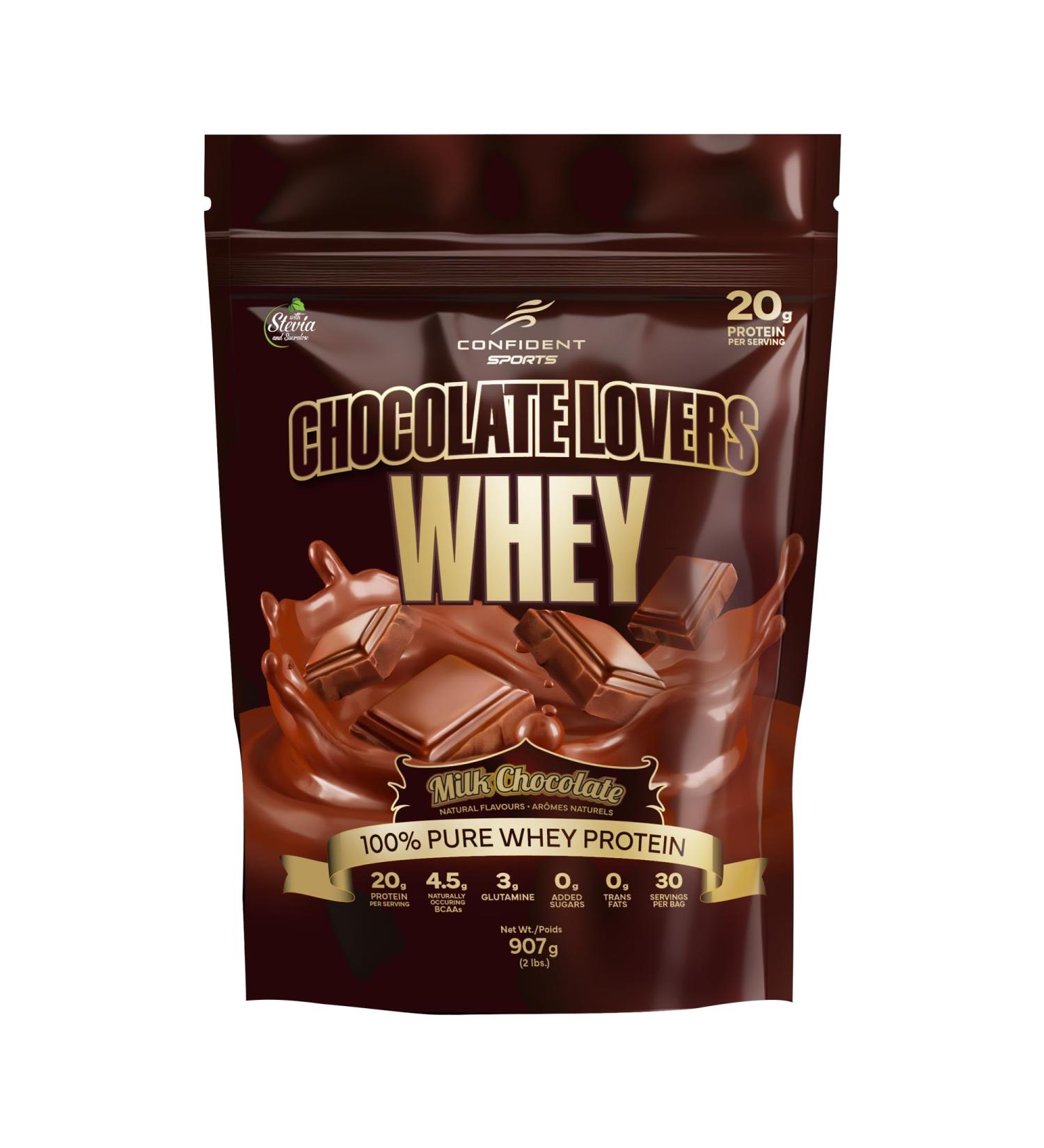 CONFIDENT SPORTS CHOCOLATE LOVERS WHEY 100% Pure Whey Protein 20g of delicious protein per serving MILK CHOCOLATE - 2 Pound 30 Servings - Buy Online on GoSupps.com