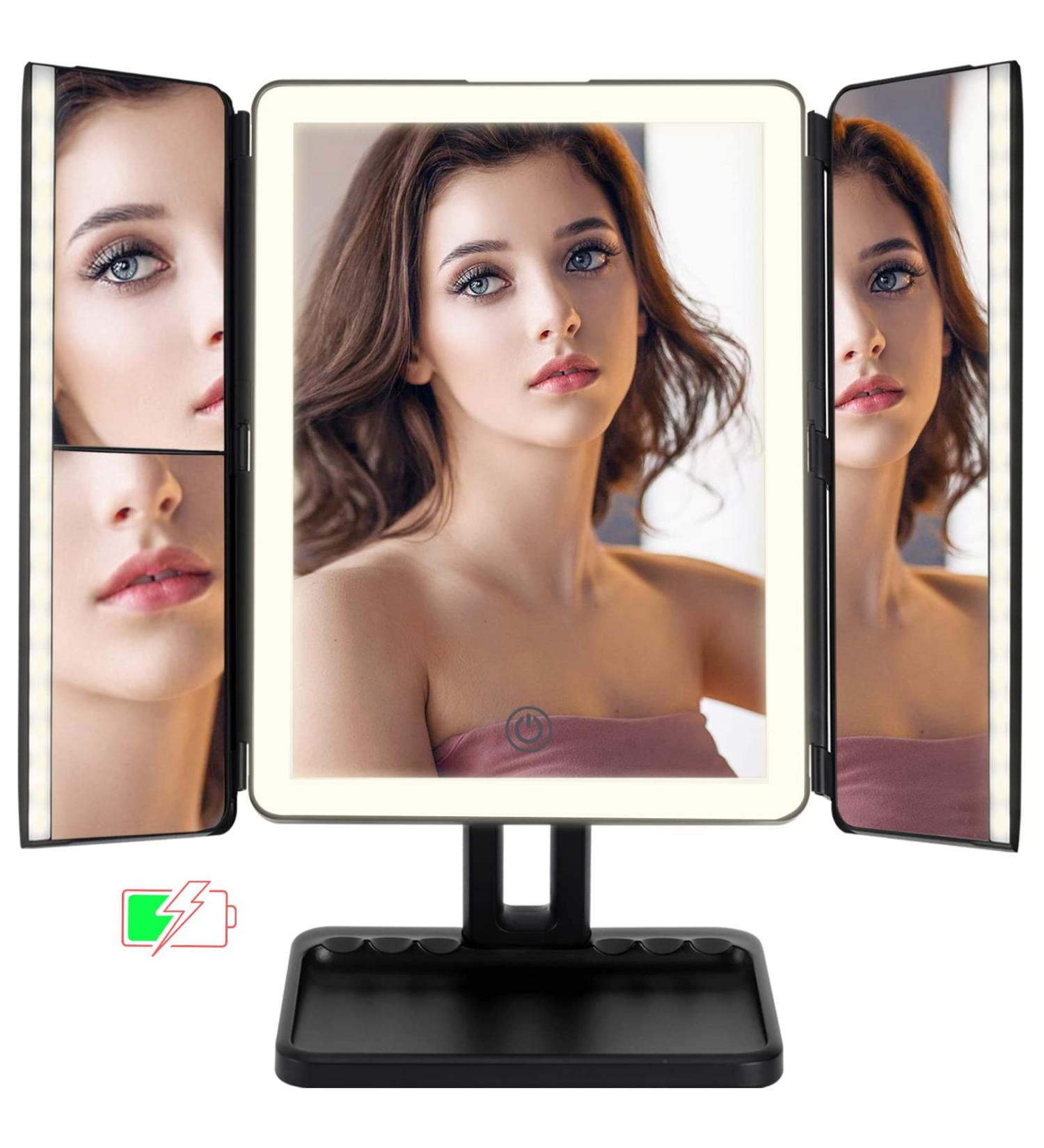 Super Bright 176 LED Rechargeable Makeup Mirror with Trifold Design and 2X/3X Magnification - Cordless Vanity Mirror with Lights and 3 Color Settings - Black - Buy Online on GoSupps.com