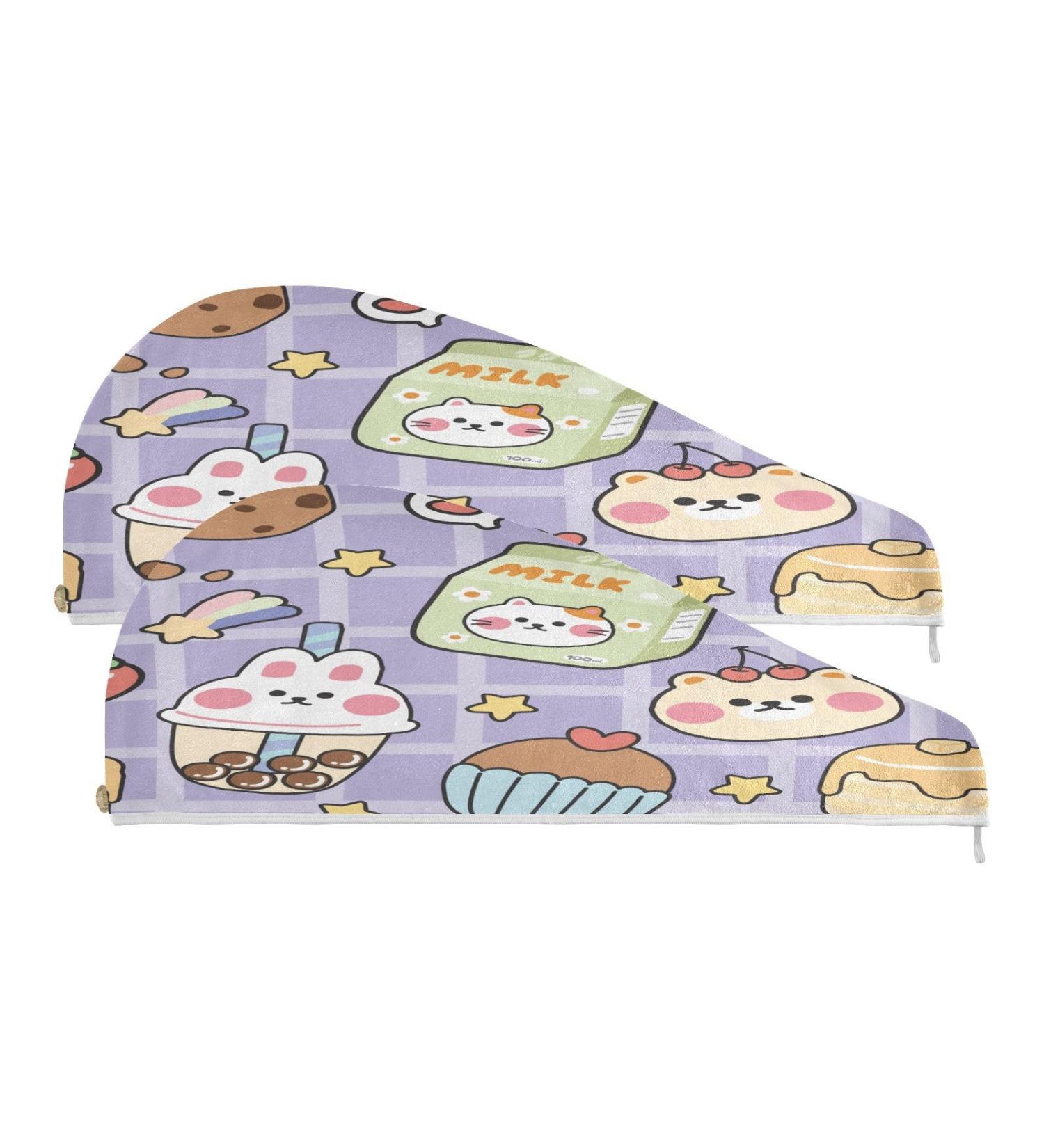 Cute Sticker Cartoon Dry Hair Cap | 2-Piece Quick Drying Towel Set with Button Headband | Super Absorbent & Soft Comfort for Everyday Use - International Shipping Available - Buy Online on GoSupps.com