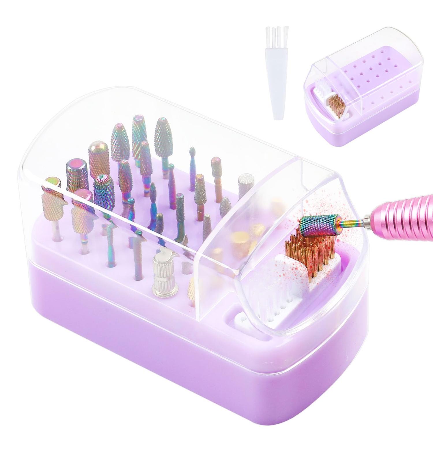 30 Holes Nail Drill Holder with Removable Cleaning Brush - 2 in 1 Storage Box for Nail Art Drill Bits & Organizers - Dust Collector Violet - Buy Online on GoSupps.com