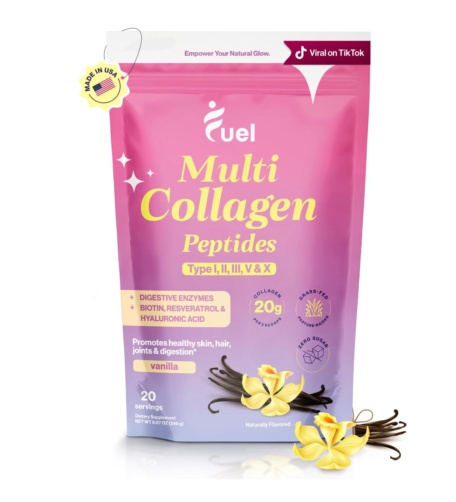 Fuel Multi Collagen Peptides Powder 20g Hydrolyzed Collagen I II III V & X for Hair Skin Nails & Joint Support Better Absorption Keto & Gluten Free French Vanila 8.67oz French Vanilla 8.67 Ounce (Pack of 1) - Buy Online on GoSupps.com