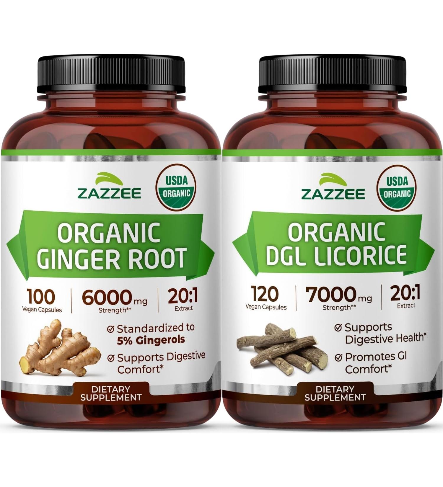 Zazzee USDA Organic Gut Health Support Bundle | 20:1 DGL Licorice Root Plus 20:1 Ginger Root Capsules | Non-GMO Vegan & ISO Lab Tested - Buy Online on GoSupps.com