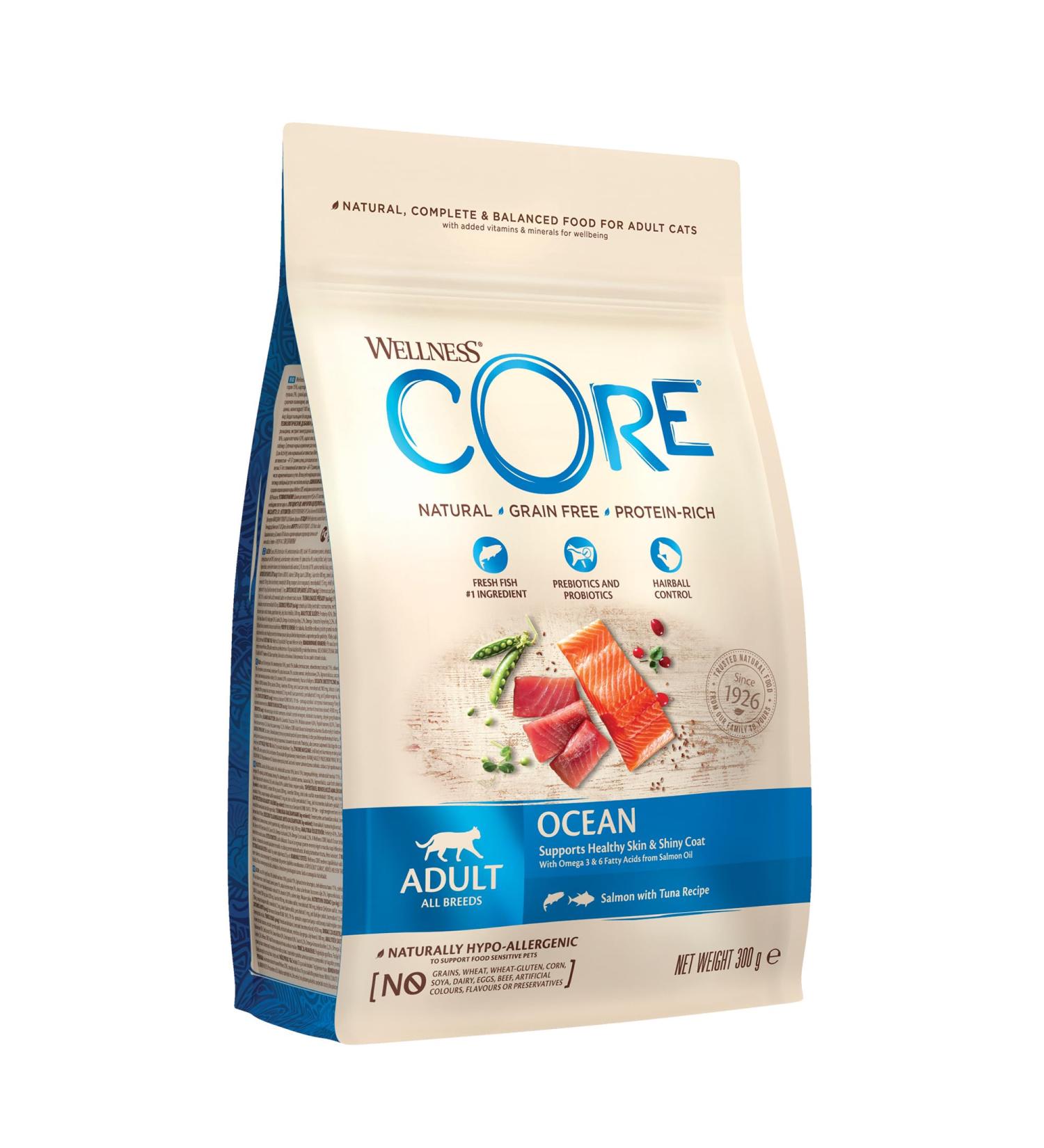 Wellness CORE Adult Ocean 300g Salmon & Tuna Dry Cat Food for All Cats Grain-Free High Fish Content Protein-Rich Supports Healthy Skin & Shiny Coat Ocean - Salmon & Tuna 300g - Buy Online on GoSupps.com
