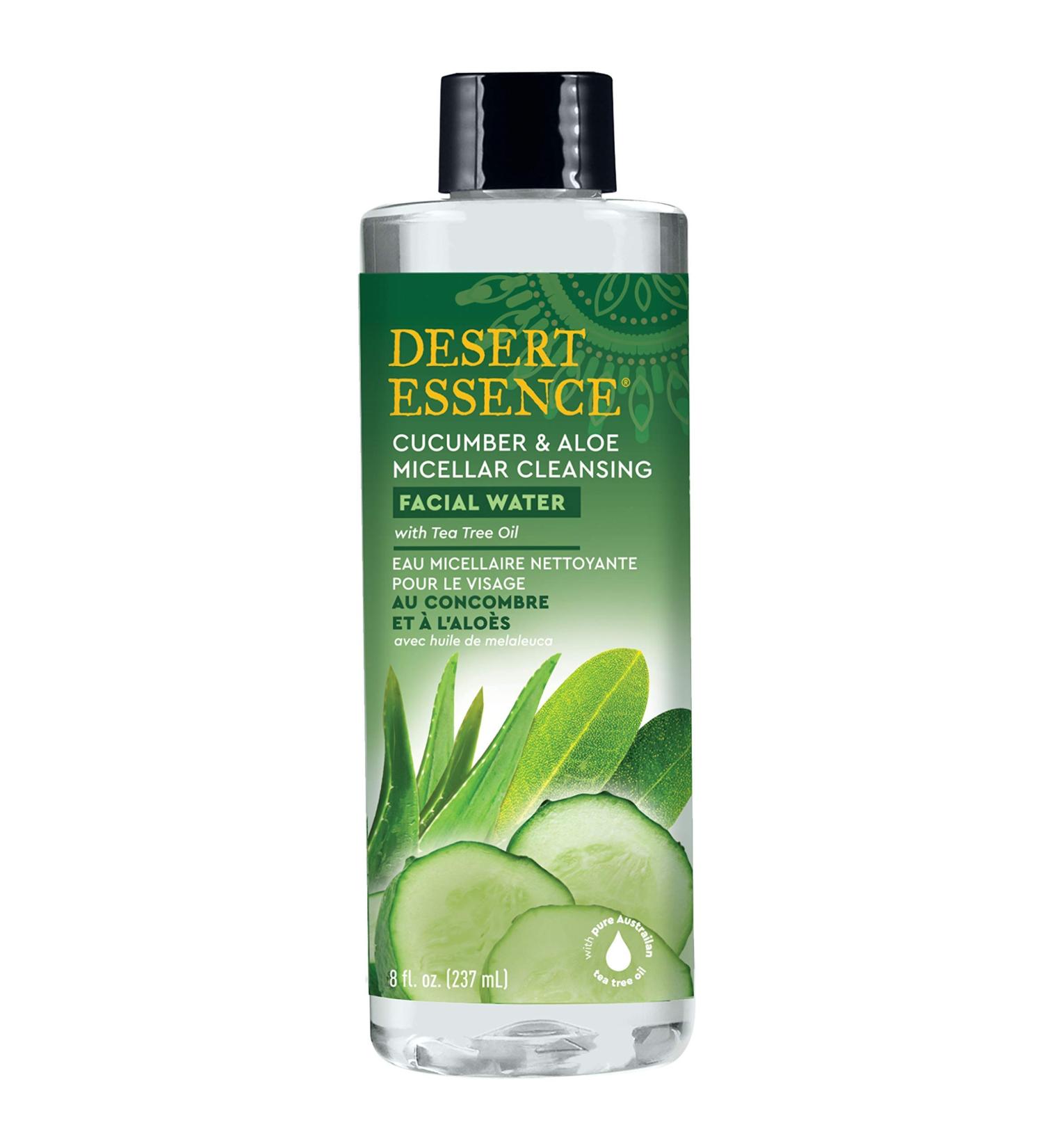 Desert Essence Facial Water - Cucumber & Aloe Micellar w/Tea Tree Oil - 8 Fl Oz - Micellar Cleansing - Calms Irritated Skin - Revitalized & Refreshed