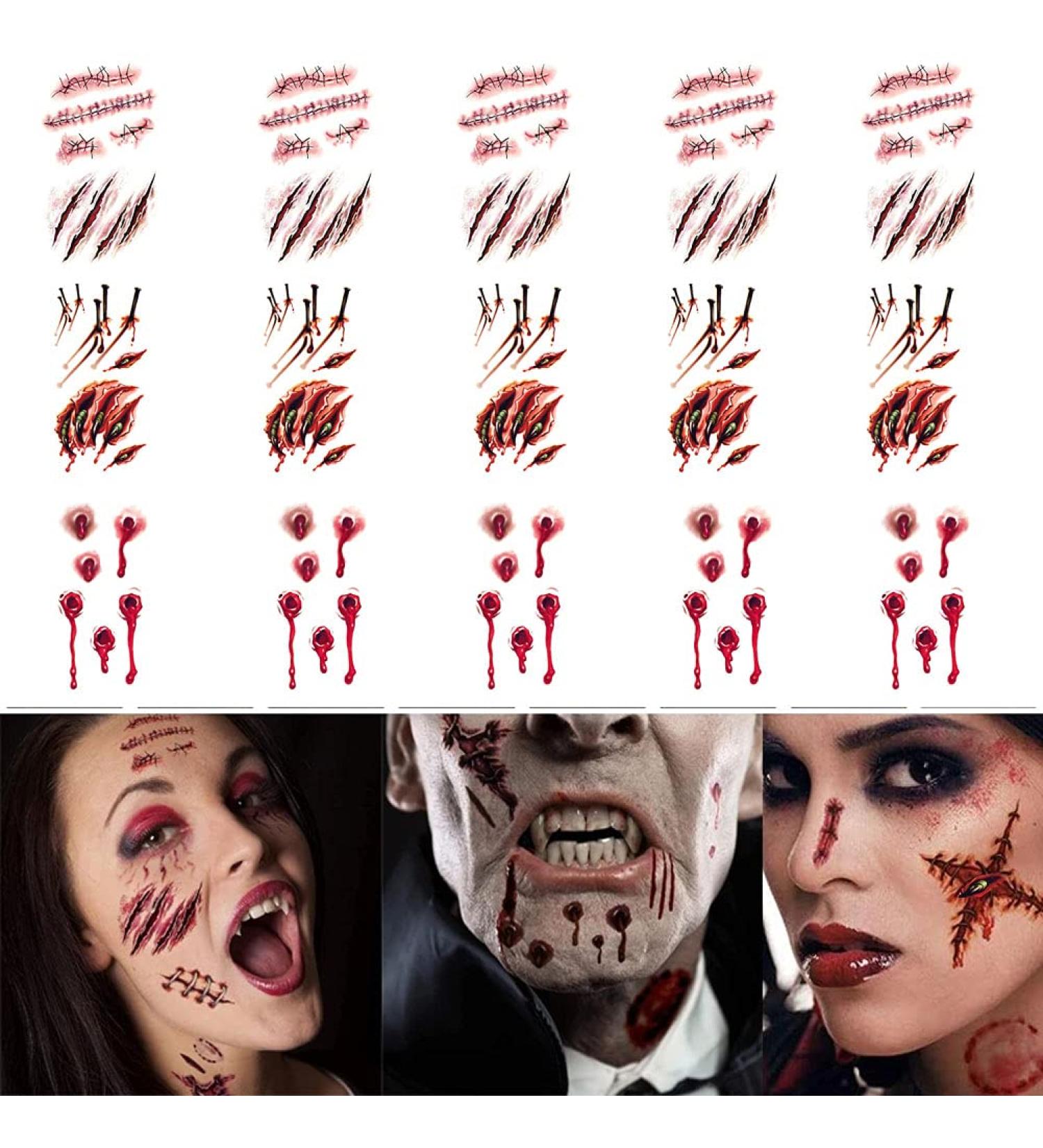 15 Sheets Temporary Horror Scar Tattoos Stickers - Realistic Fake Bloody Wound, Stitch, and Scab Decals for Halloween Cosplay Party - Buy Online on GoSupps.com