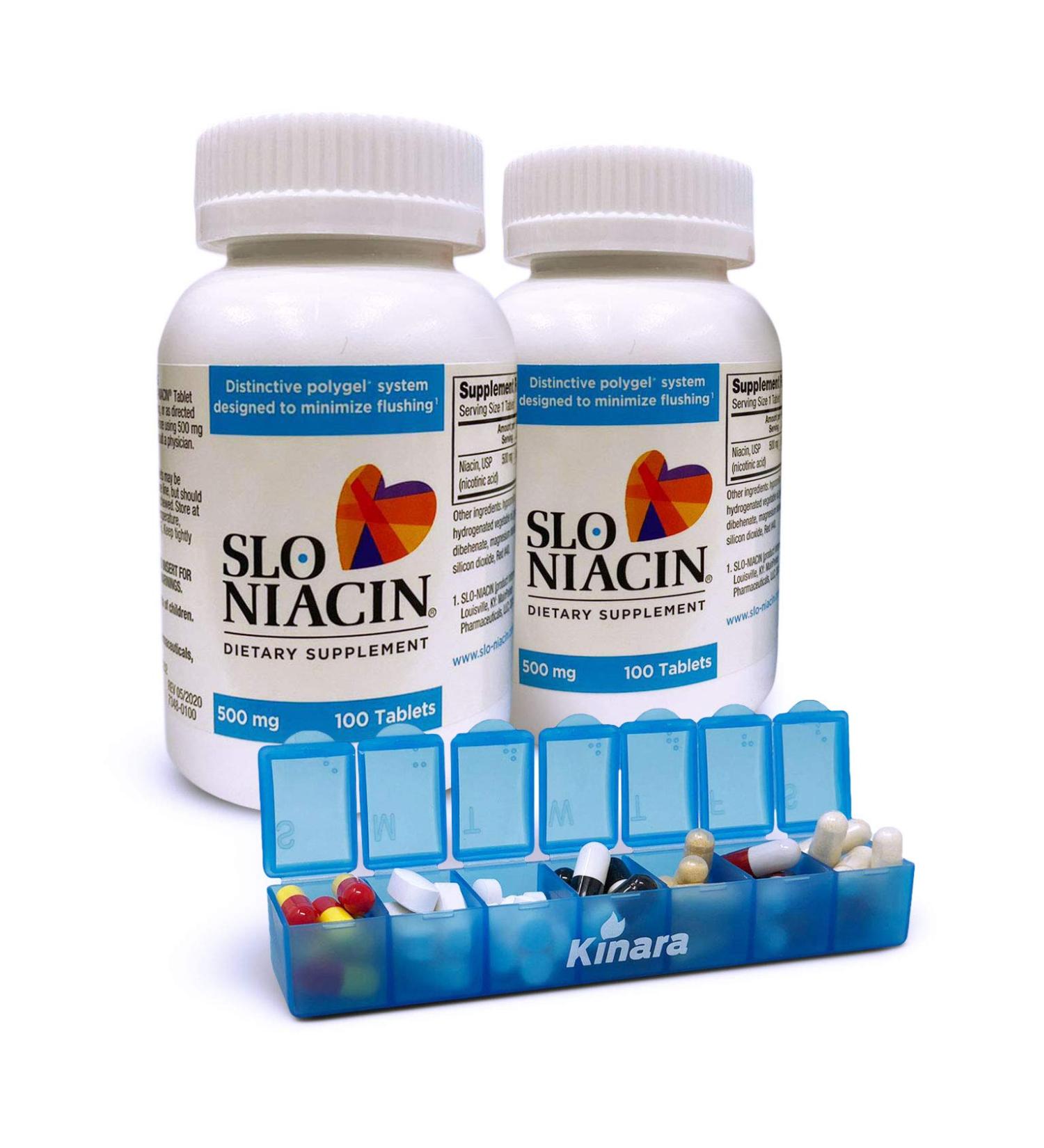 Slo Niacin 500mg Flush Free 100 Capsules 2-Pack | Vitamin B3 Heart Health Support | Nutritional Health & Energy Production | Circulation & Blood Pressure | With Kinara Pill Box - Buy Online on GoSupps.com