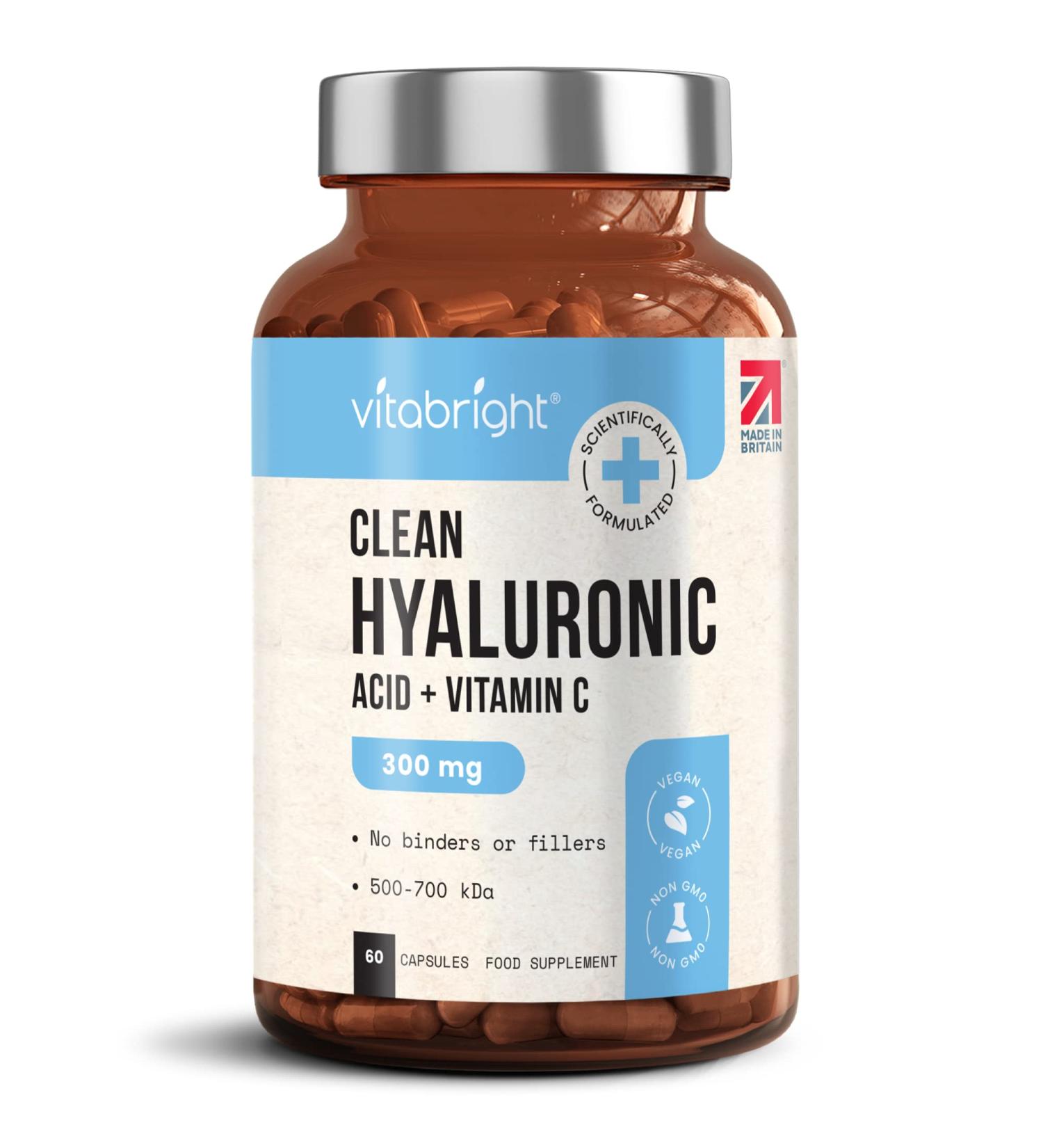 Hyaluronic Acid Capsules 300mg - Premium Grade 500-700kDa - 60 Capsules - With Vitamin C - Natural Moisturizer - Made in UK - Buy Online on GoSupps.com