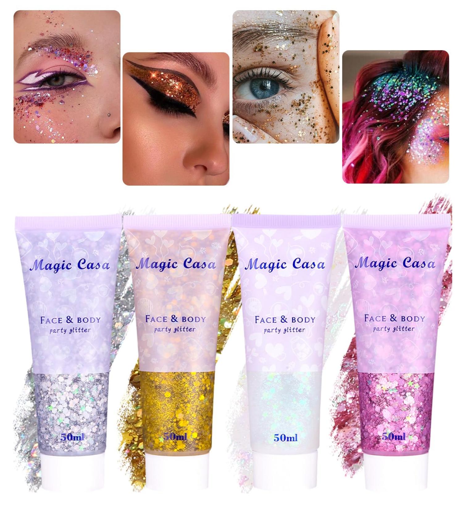 Shop Tidevan 4 Piece Body Glitter Gel 50ml Chunky Liquid Makeup for Face Hair Lips & Nails Perfect for Festivals & Parties in Silver Gold Pink & White - Buy Online on GoSupps.com