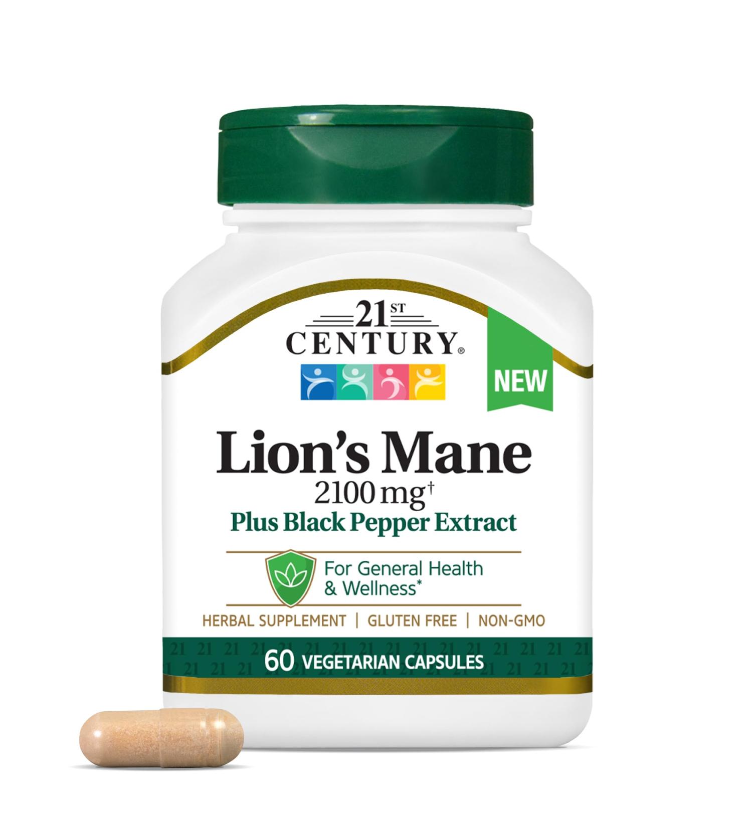 21st Century Lion's Mane 2 100 mg Plus Black Pepper Extract Vegetarian Capsules 60 Count - Buy Online on GoSupps.com