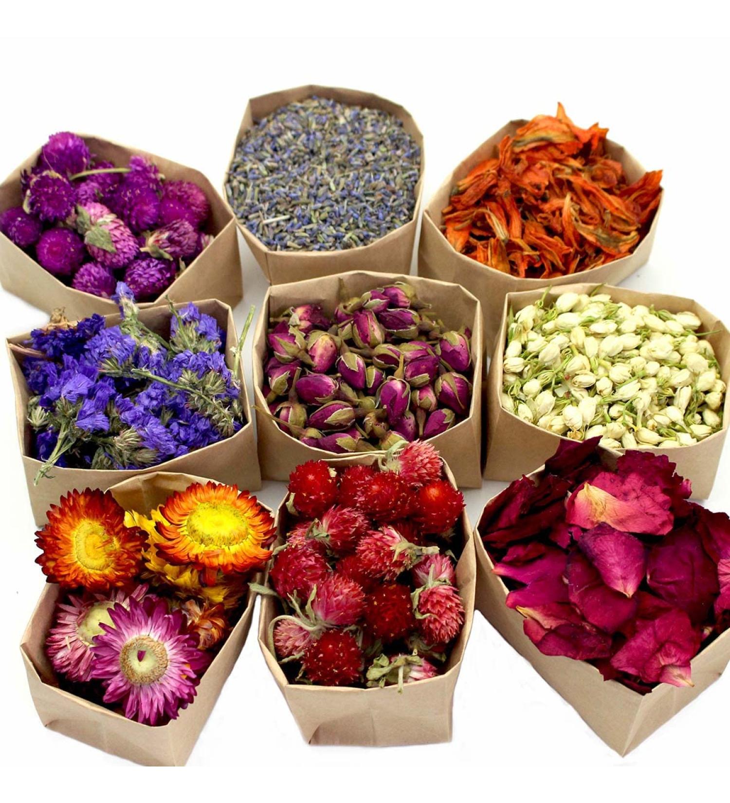 Organic Dried Flowers 9-Pack for Candle & Soap Making, Tea, Baking, DIY Beauty - Lavender, Roseleaf, Red Rose, Jasmine - Gluten-Free, Non-GMO, Caffeine-Free - 0.35oz per Bag (Bwa0038) - Buy Online on GoSupps.com