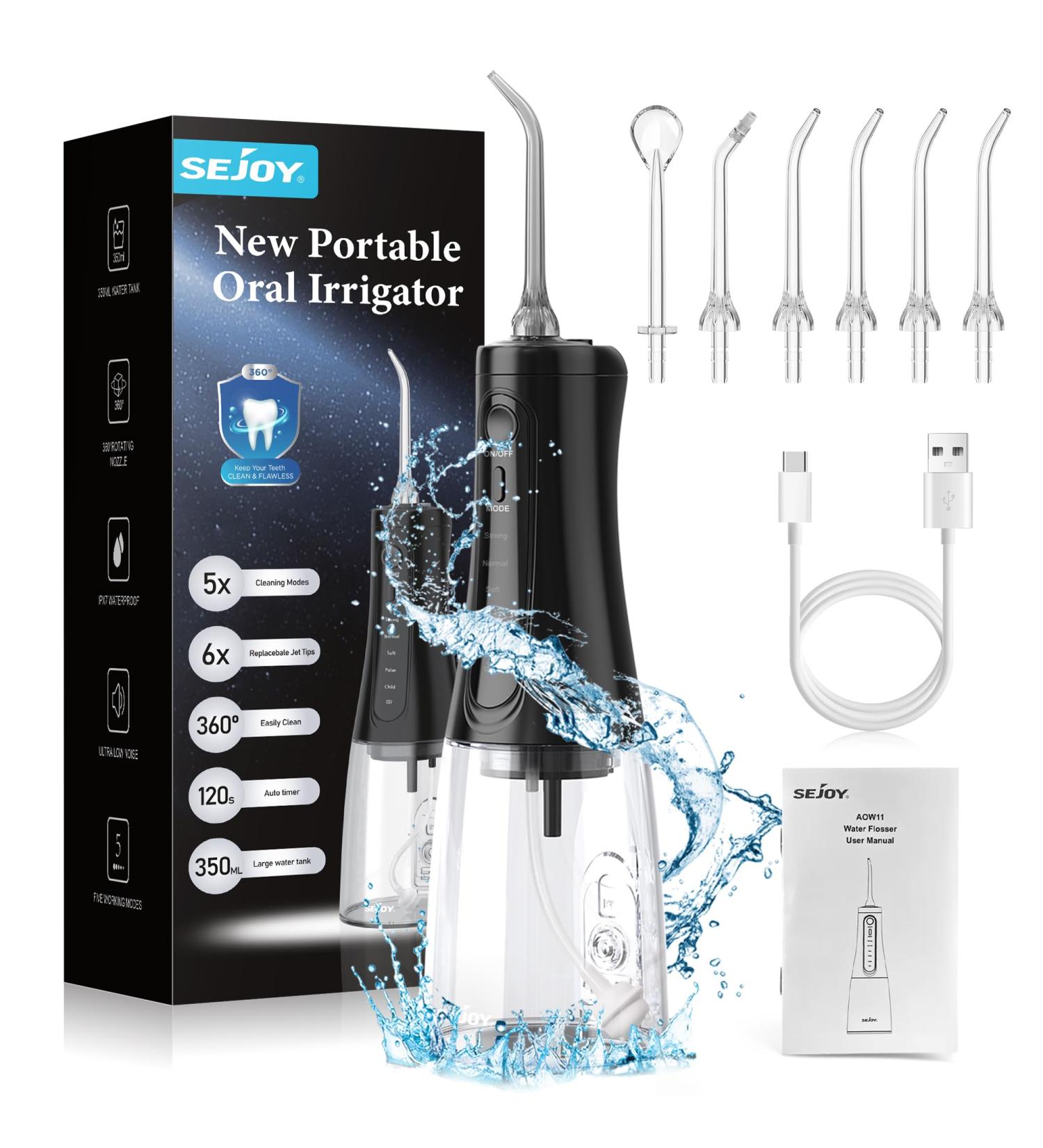 Water Flosser Cordless Rechargeable - 350ML Tank, 5 Modes, 8 Jet Tips - Dental Oral Irrigator for Teeth Cleaning - IPX7 Waterproof - Home & Travel - Black - Buy Online on GoSupps.com