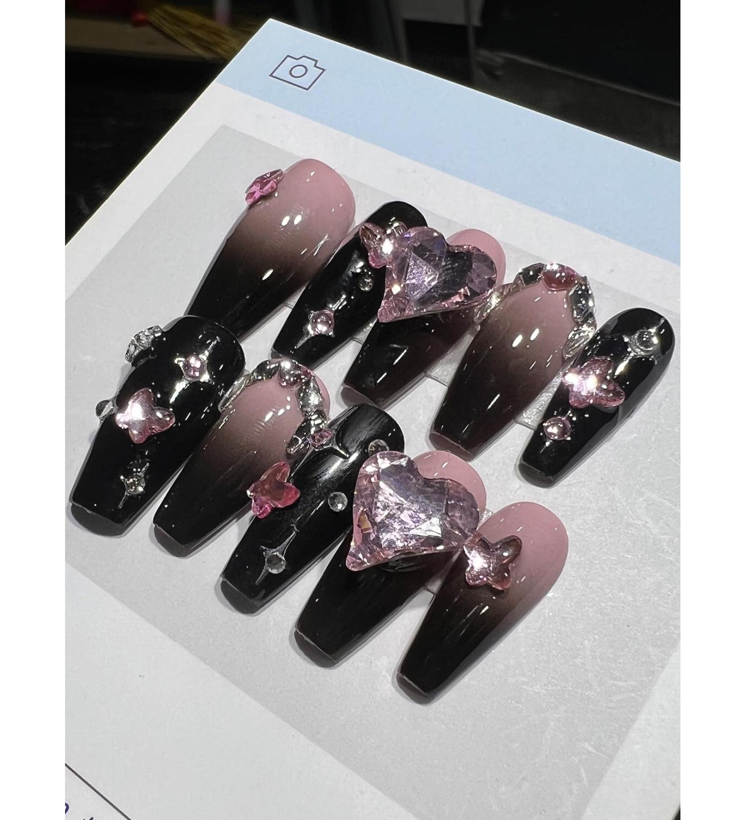 10pcs Black Heart Coffin Fake Nail Butterfly Rhinestones Press on Nails Black Heart Short Square Nails Luxurious Nails Acrylic Nails Fake Nails For Women Girls - Buy Online on GoSupps.com