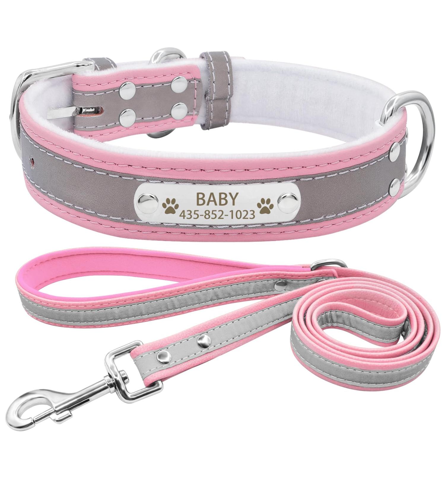 Senristar Personalized Reflective Dog Collar & Leash Set - Custom Engraved Name Tag - Perfect for Small Medium Large Dogs & Cats - Pink (3.0 cm Width 45-55 cm Neck) - Buy Online on GoSupps.com