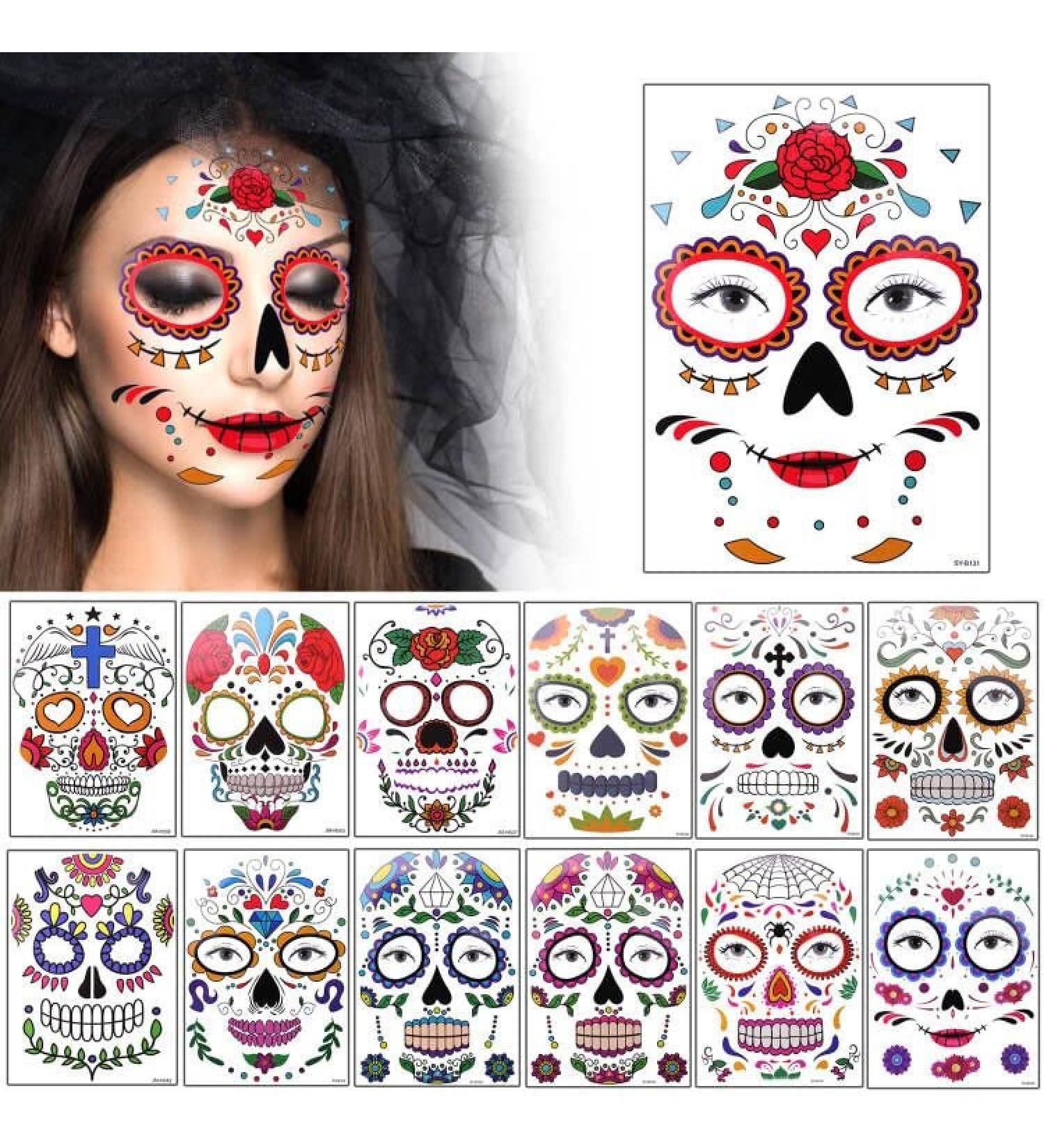 Day of the Dead Sugar Skull Face Tattoos - 13 Pack for Women, Kids - Halloween Makeup Stickers for Masquerade, Rave Party Outfit - Buy Online on GoSupps.com