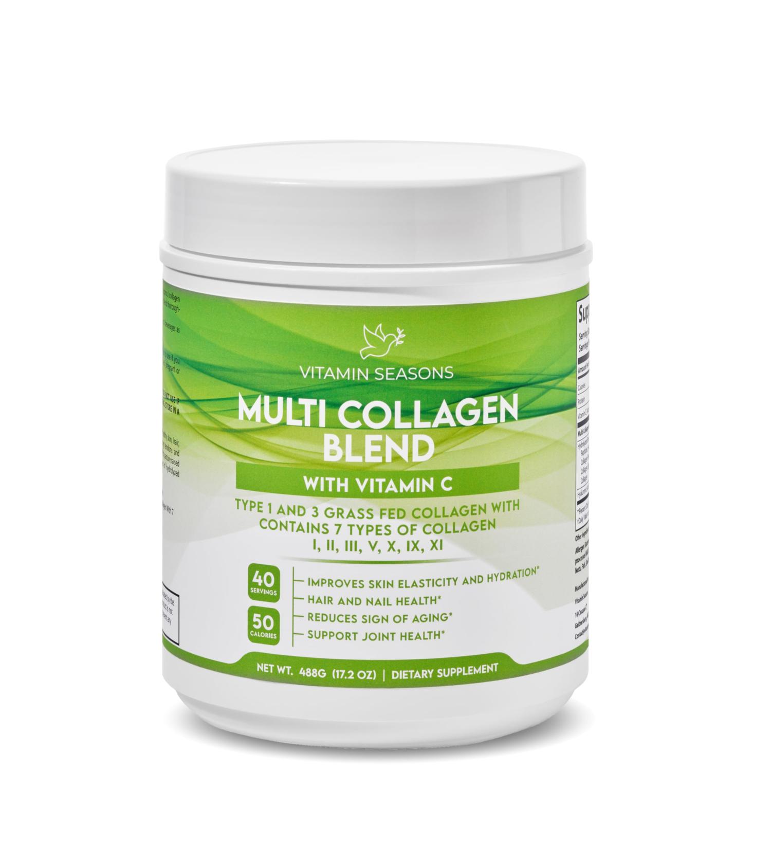 VITAMIN SEASONS Multi Collagen Blend Powder | Women and Men | Hyaluronic Acid + Vitamin C | Hydrolyzed Multi Collagen Peptides | Non-GMO, Gluten-Free, Keto, Paleo | 488g | Made in USA - Buy Online on GoSupps.com