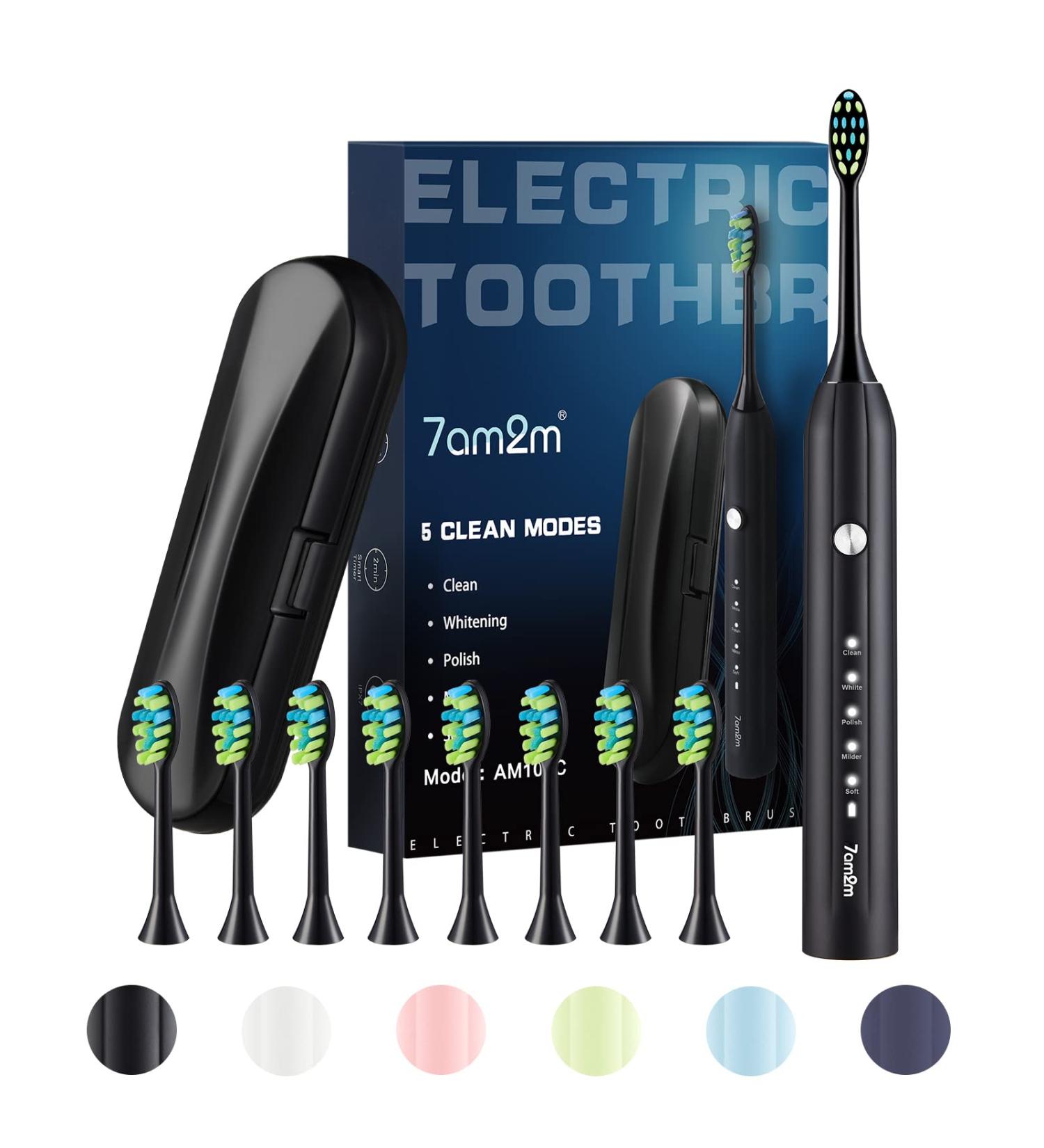 7am2m Electric Toothbrush for Adults Sonic Toothbrush with 8 Brush Heads Travel Case Rechargeable Electric Power Toothbrush with 2 Minutes Build in Smart Timer Roman Column Handle Design (Black) Black With Travel Case - Buy Online on GoSupps.com