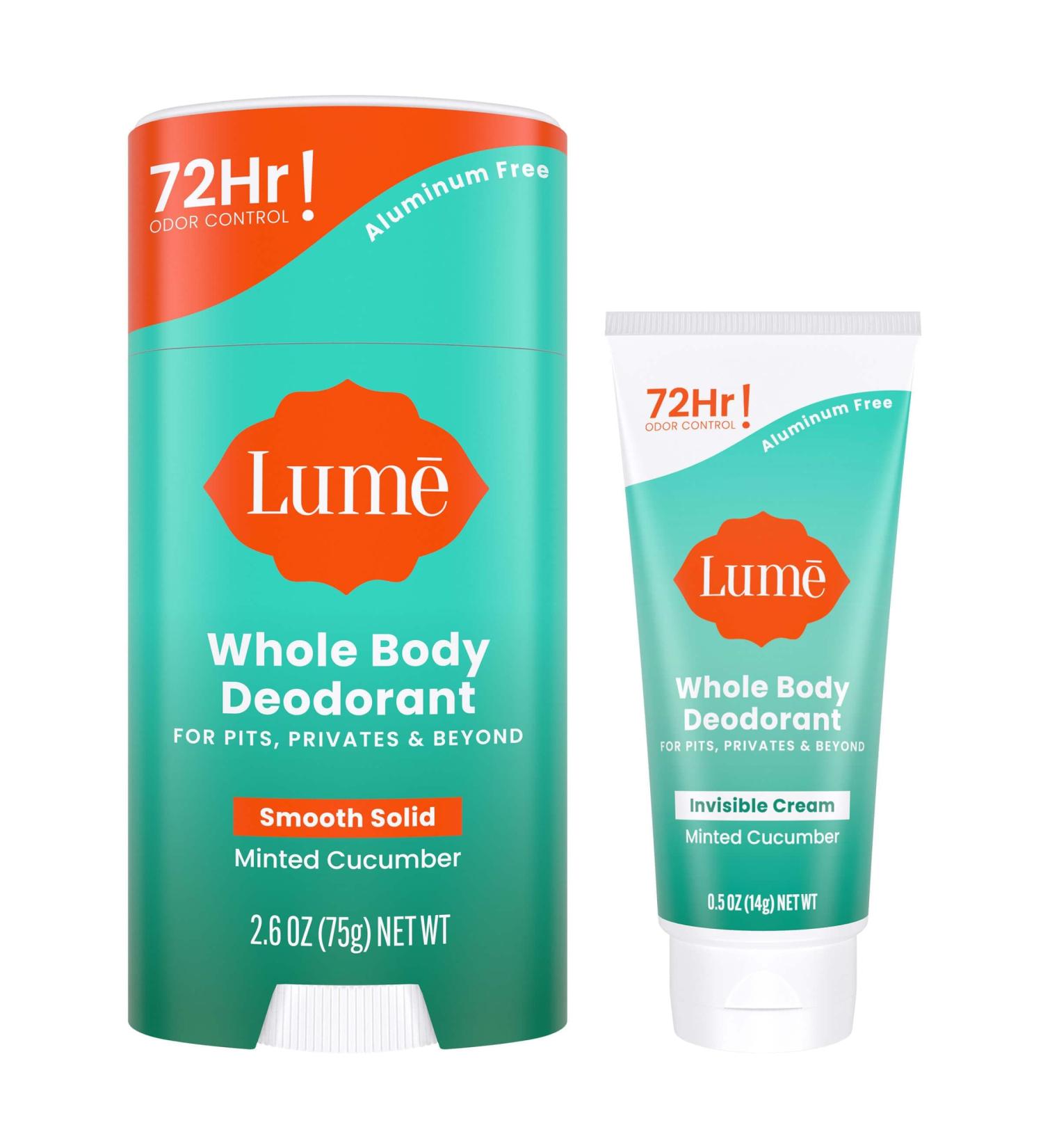 Lume Whole Body Deodorant - Invisible Cream Tube Mini and Solid Stick - 72 Hour Odor Control - Aluminum Free Baking Soda Free Skin Safe - 0.5 Oz Mini Tube + 2.6 Oz Solid Stick (Minted Cucumber) - Buy Online on GoSupps.com