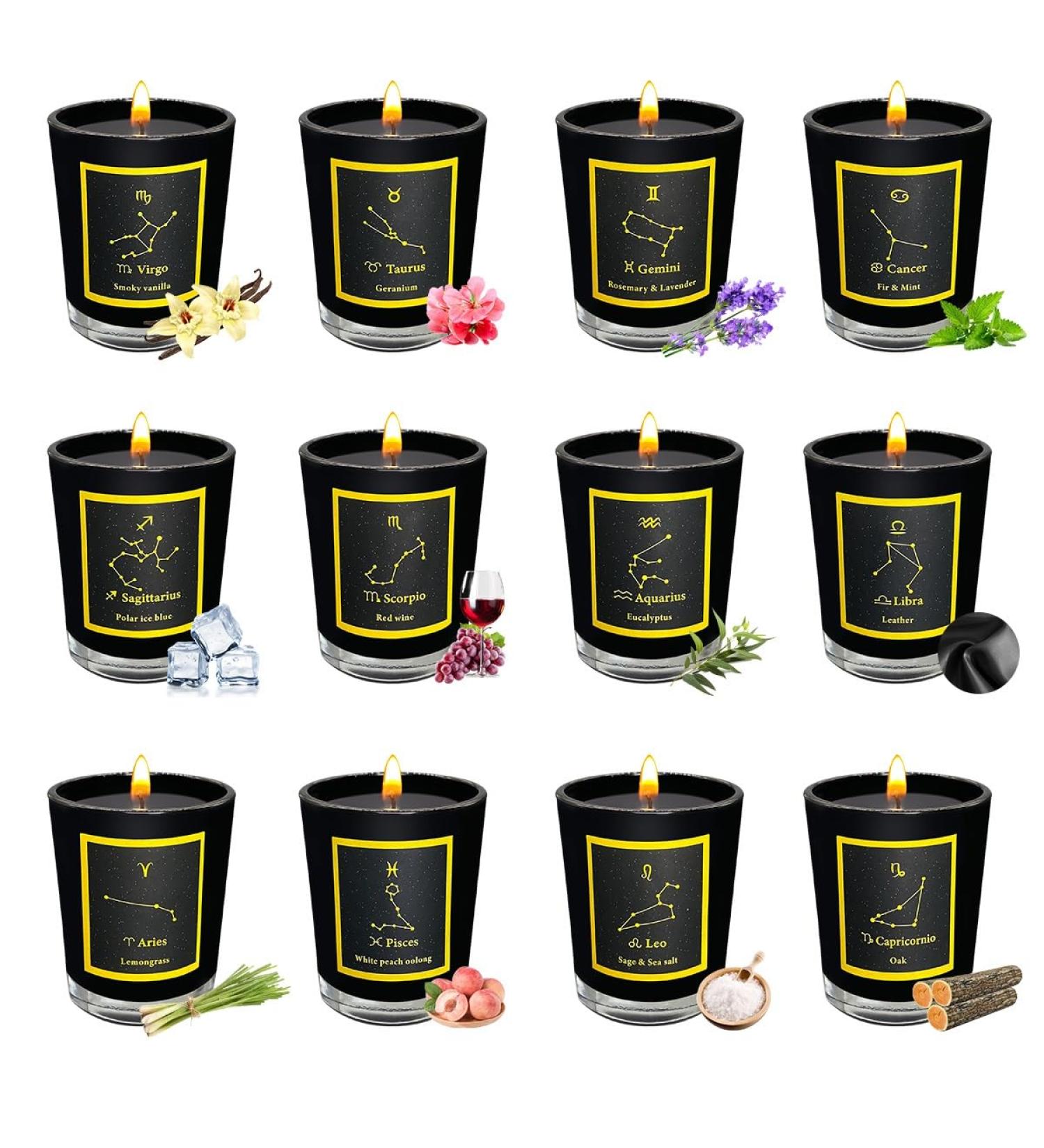 12 Scented Candles Gift Set - Black Glass Horoscope Jar Aromatherapy Candles | Soy Wax Votive for Parties Dinners & Camping - International Shipping Available - Buy Online on GoSupps.com
