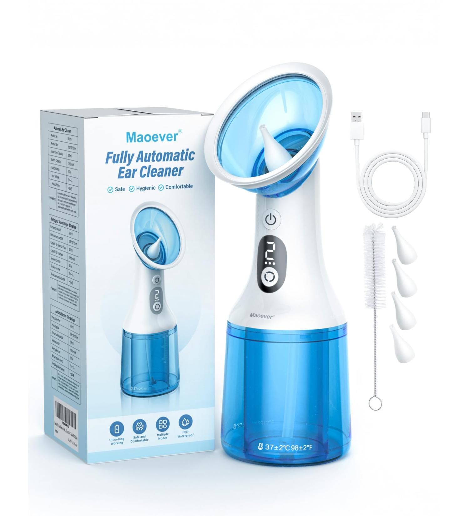 Electric Ear Wax Removal with One-Piece Waste Tank Water Powered Ear Cleaner with 4 Pressure Modes for Earwax Remove at Home 4 Tips USB-C Cable IPX7 (Baby Blue) - Buy Online on GoSupps.com